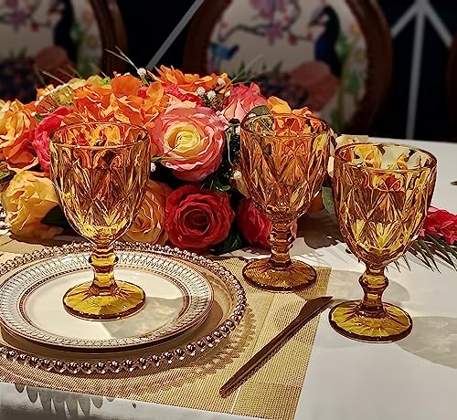 Heng River Colored Wine Glasses, Water Glass Goblets, Glass Drinkware Sets, Vintage Water Glass Cups, Embossed Drinking Glasses, Stemmed Glassware, 11 Oz, Set Of 6 (Amber) #TOP2