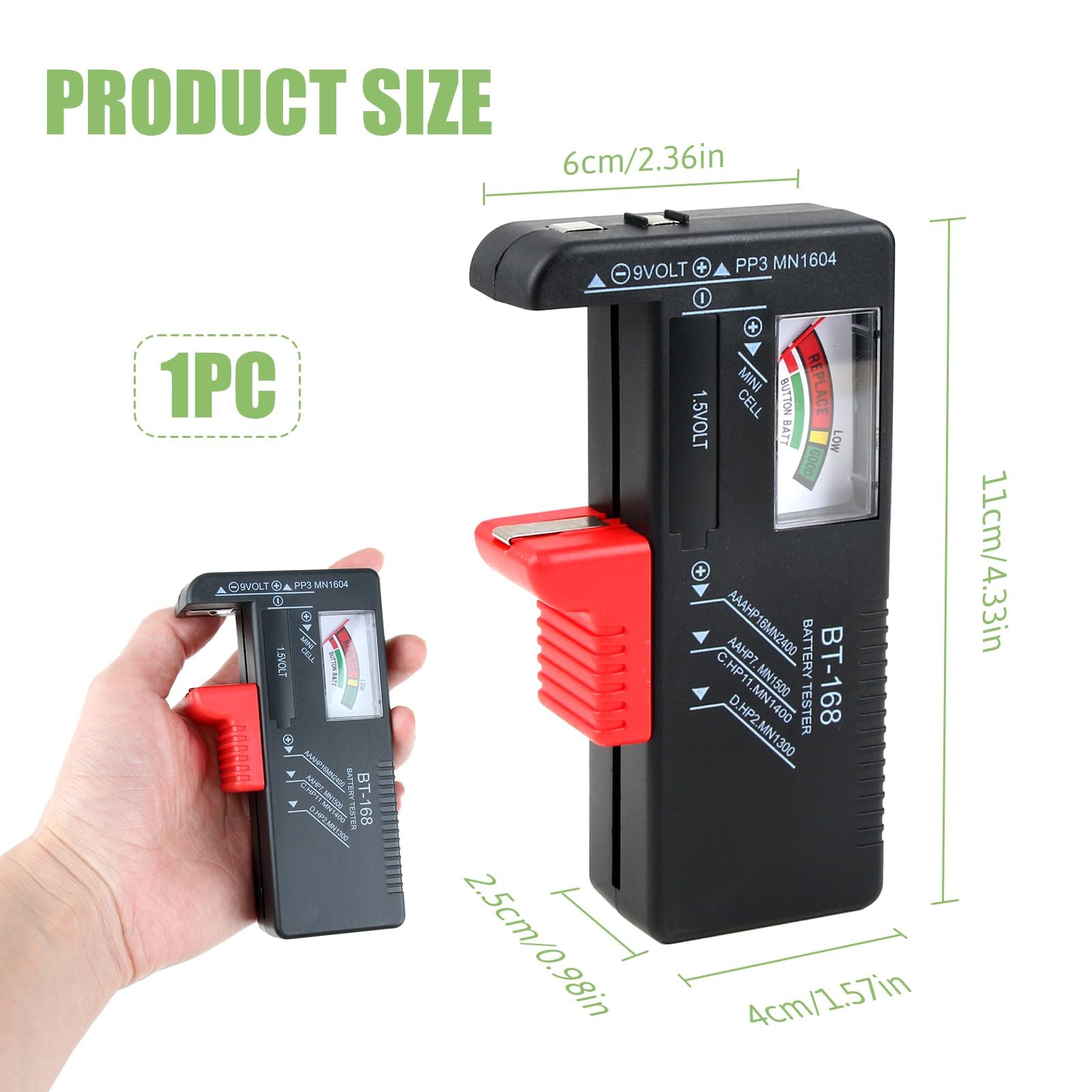 Testeur de Piles Universel, Testeur Pile Numérique pour AA, AA, C, D, PP3, 9V, 1.5V, Piles Bouton,Fonctionne Sans Pile,Testeur Piles Idéal pour Tester vos Anciennes Batteries (Modèle: BT-168)
