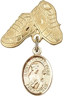 14kt Yellow Gold Baby Badge with St. Thomas More Charm and Baby Boots Pin 1 X 5/8 inches