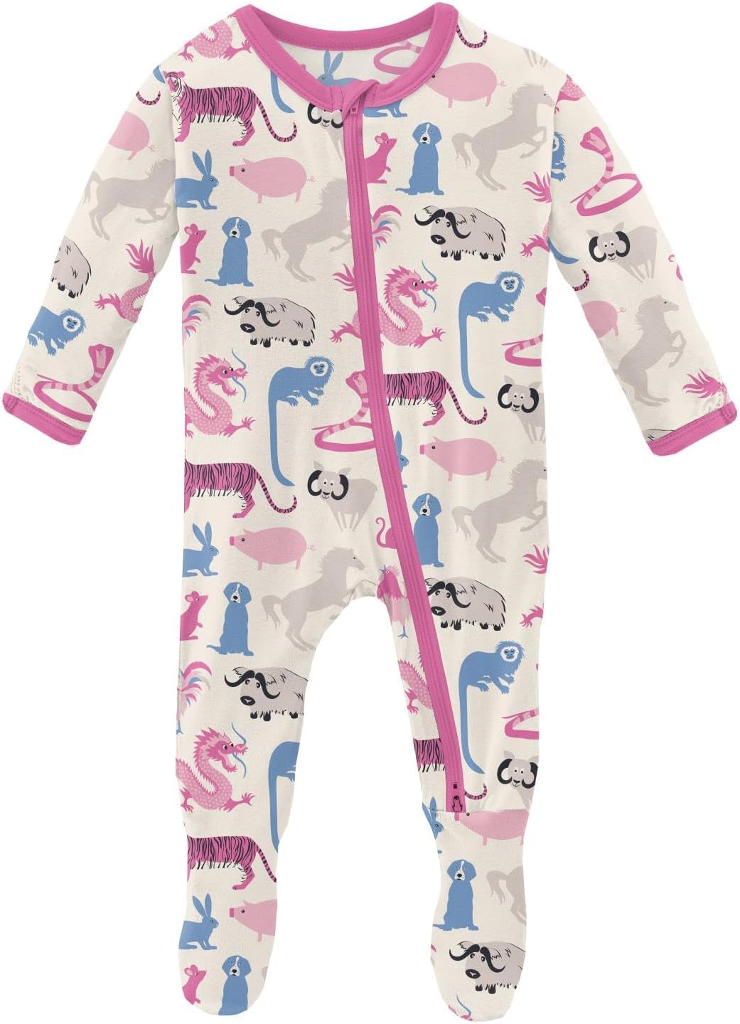 KicKee Print Footie with Zipper, Fitted Long Sleeve Pajamas, Ultra Soft Everyday One-Piece Loungewear, Spring Stories (Natural Chinese Zodiac - 9-12 Months)