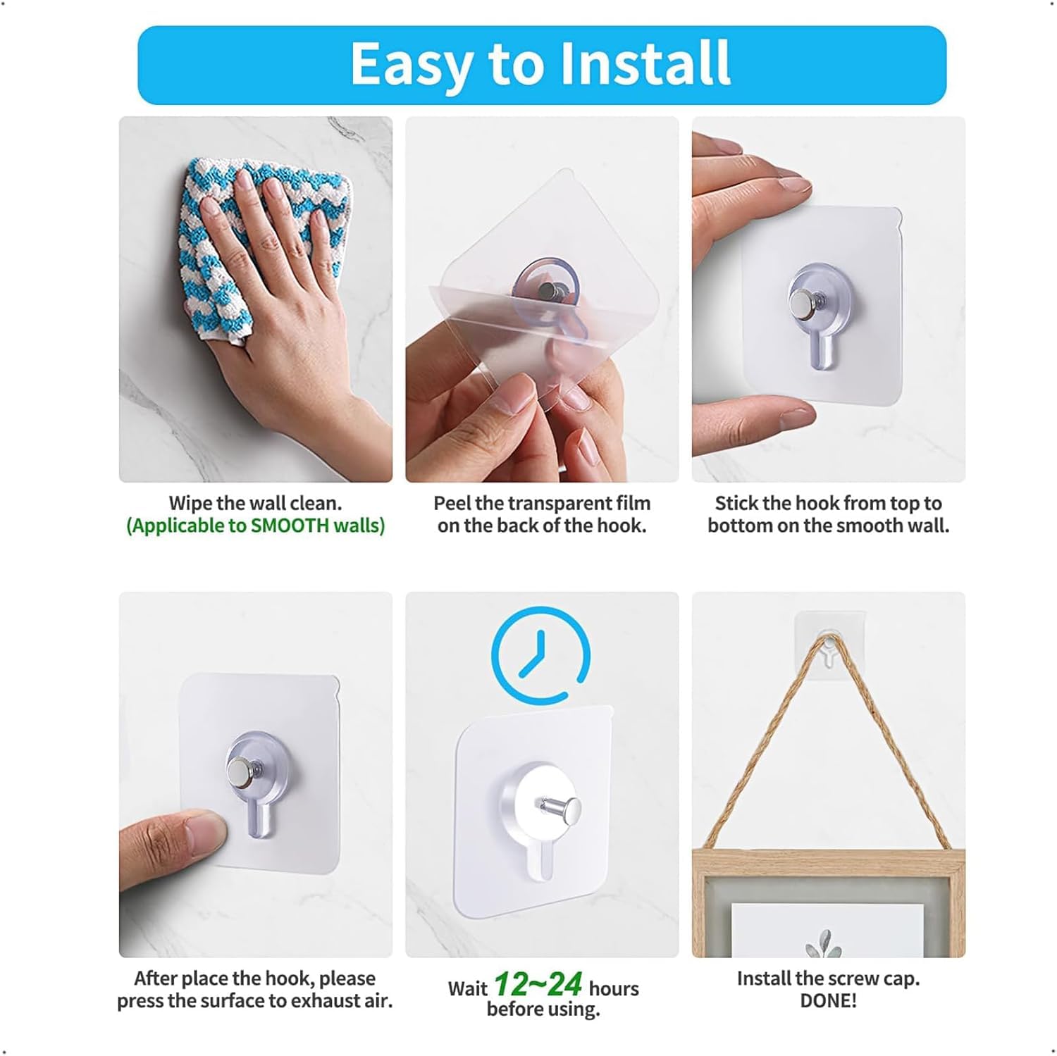 Xspring Yapışkanlı Duvar Kancaları, 20'li Paket Çivisiz Asıcı, Fotoğraf Çerçeveleri için Su Geçirmez ve Yağa Dayanıklı Duvar Askıları, Dekorasyon ve Banyo Mutfak Askıları, Anahtarlık