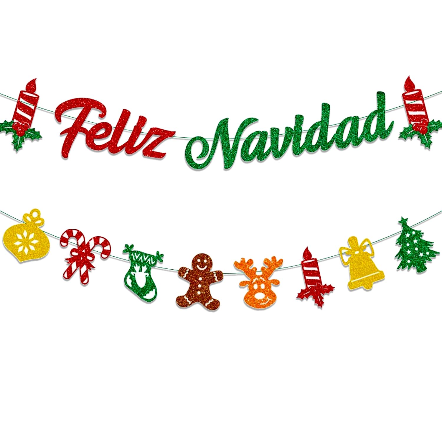 JUFYVO 2pcs Glitter Feliz Navidad Banner Spanish Christmas Banner Merry Christmas Bunting Banners Happy Holidays Decorations for Office Home Decor