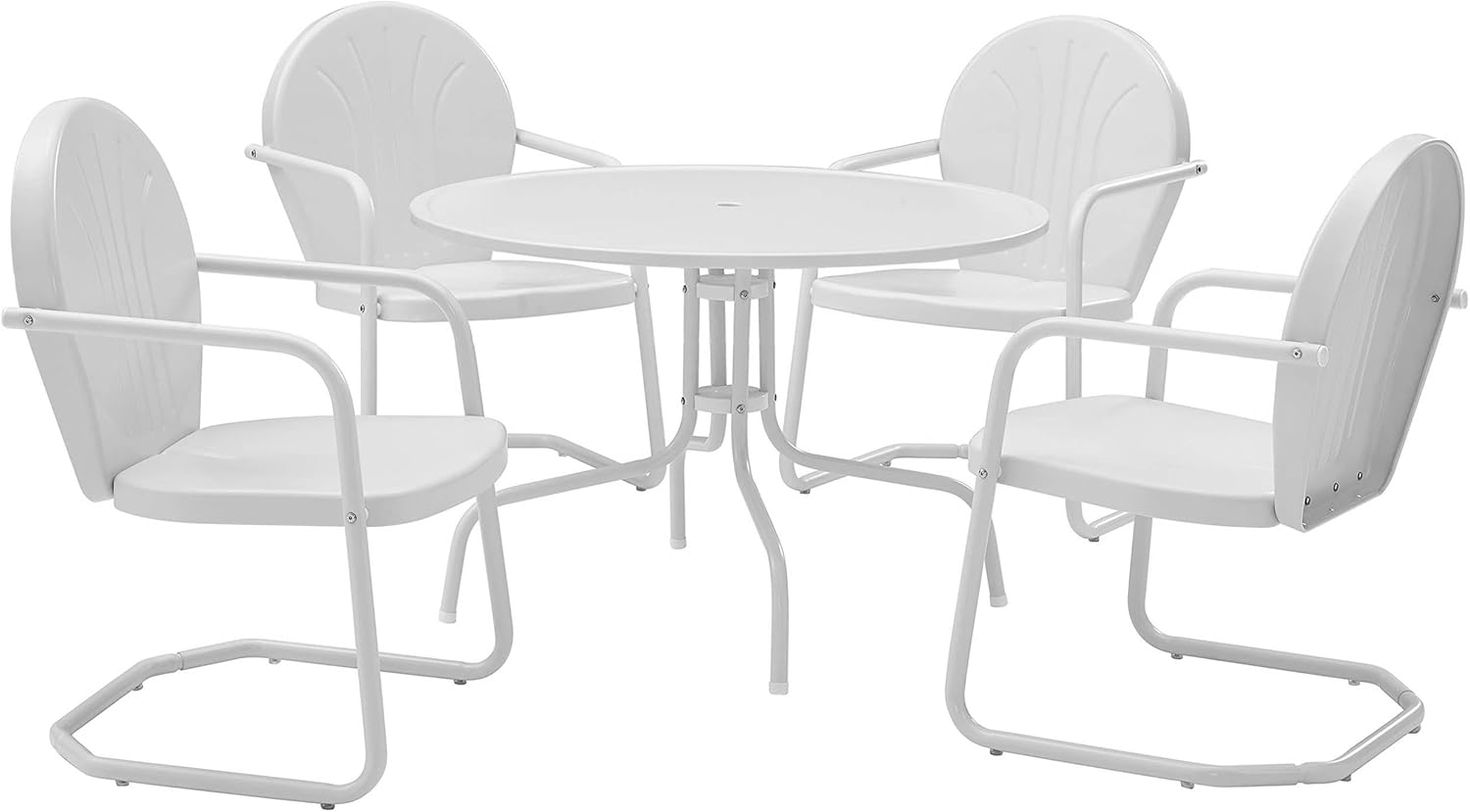 Pemberly Row 5 Piece Metal Patio Dining Set, Steel Construction, White Powder-Coated Finish, UV Resistant Outdoor Furniture, Includes 1 Table and 4 Chairs, Easy Assembly for Backyard or Garden Use