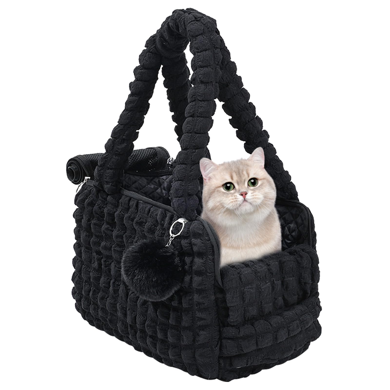 Duuclume Cat Soft-Sided Carriers, Fashion Bubble Tote Pet Bag, Puffy Quilted Handbag with Fluffy Ball and Ventilated Mesh Zippers for 11 Lbs Puppy/15 Lbs Cat (Black)