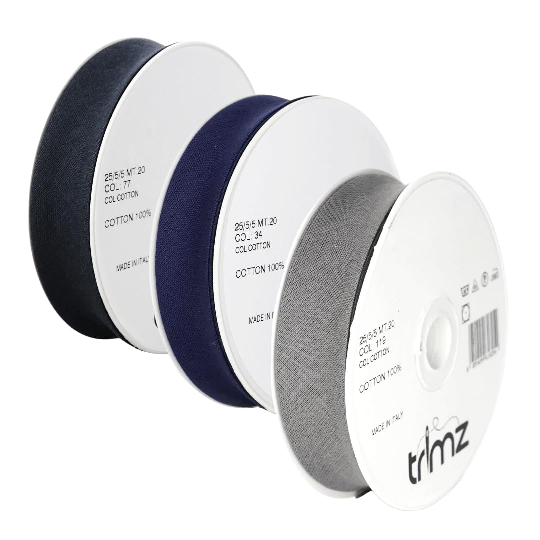 Trimz Midnight Storm Collection (Navy, Charcoal & Dark Grey) 3-Pack Premium 100% Cotton Bias Binding Tape (25mm) - 60 Meters Total - Professional Folded Edging for Apparel, Repairs & Masculine Crafts
