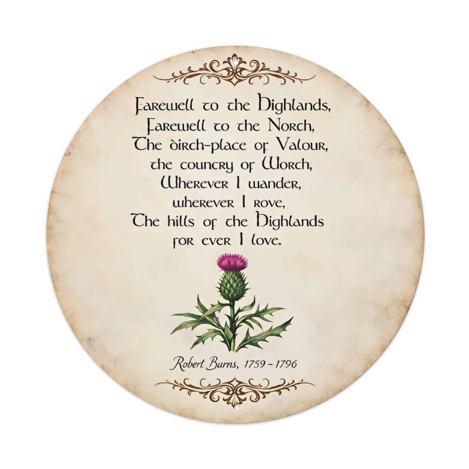 Ldfuieksufg Style Round Vintage Parchment Highland Poem Thistle Metal Wall Sign Vintage Aluminium Metal Sign, Retro Wall Decor For Home, Bar, Garage & Farmhouse 20X20cm