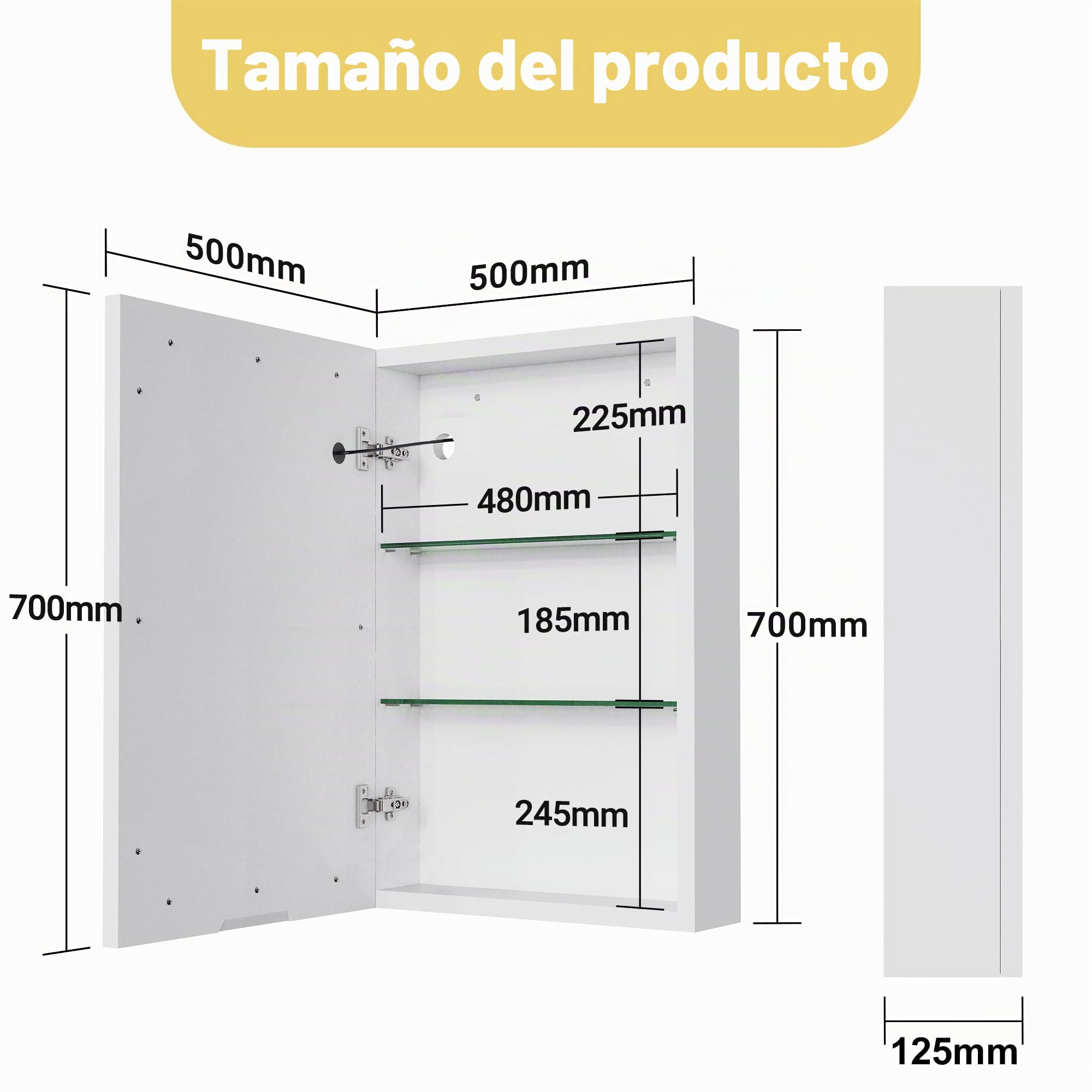 DADEA Armario de Baño con Espejo, Armario Espejo Baño con Luz y Almacenamiento, 50 x 70 cm, MuebleBaño con EspejoLED Mueble EspejoBaño 70 con ArmarioBaño con Espejo70 cm Muebles ParaBaño