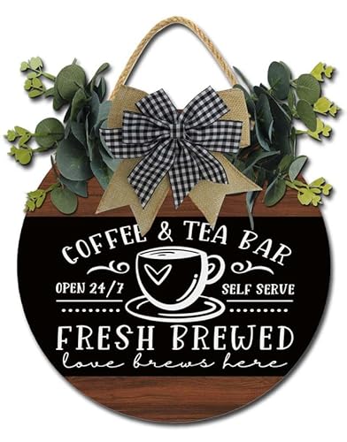 Coffee And Tea Bar Fresh Brewed Self Serve Decor Sign,Wall Art Pictures Decoration,Rustic Round Wooden Sign,New Home Housewarming Gift For All Seasons,Coffee Lover Coffee Station Decor Home Office Kit...