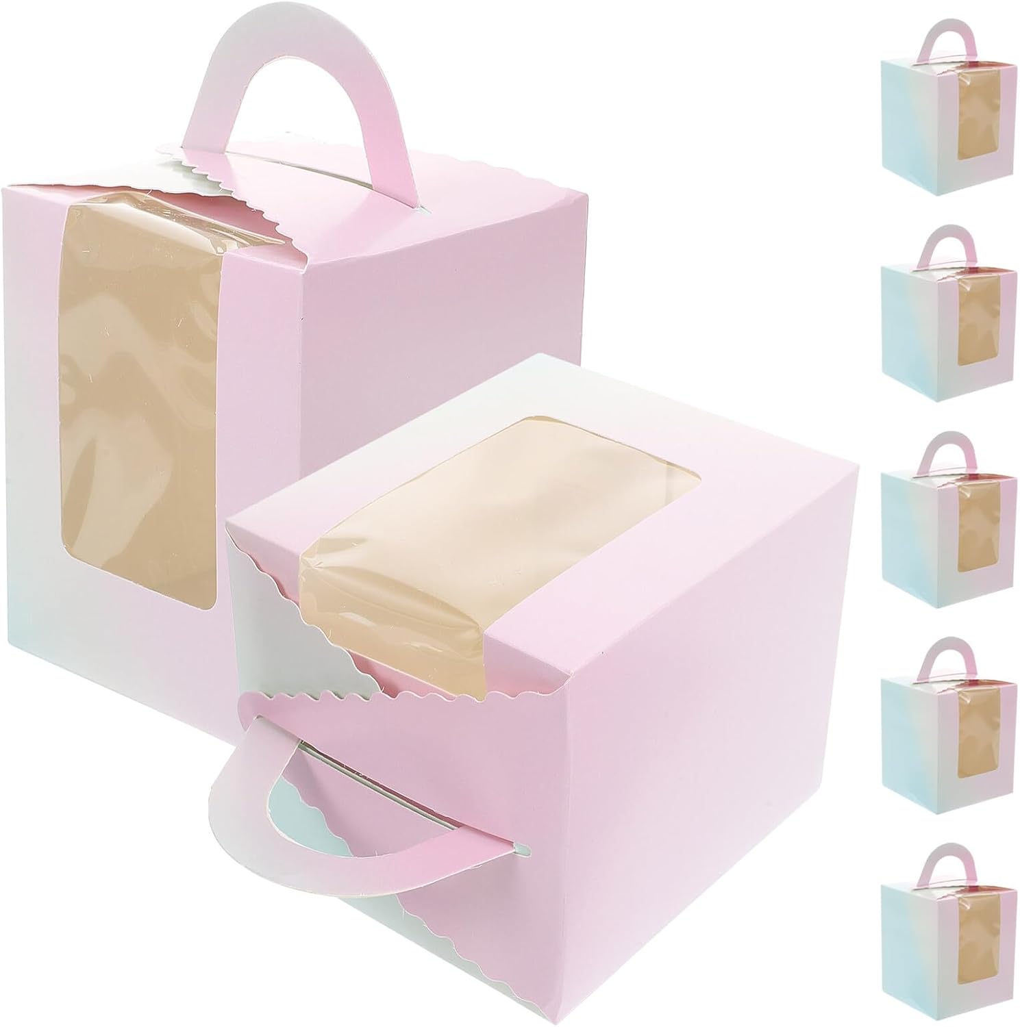 50pcs Gradient Color Window Cupcake Boxes with Handle, Baking Packing Cake Carrier for Mousse, Muffin, Birthday Cake, Portable Food Storage Containers