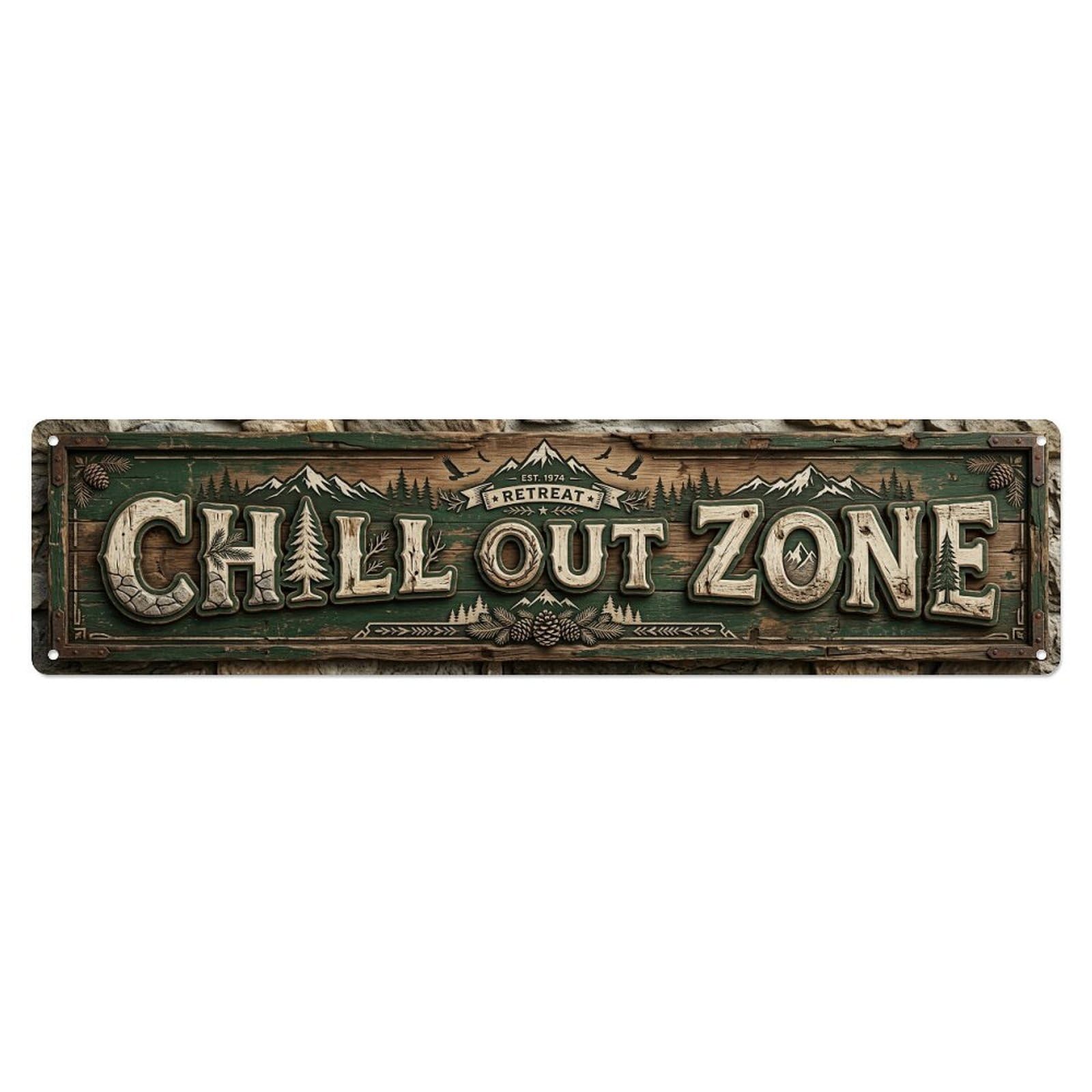 Chill Out Zone Rustic Lodge 5 Metal Tin Skinny Sign Plaque Wall Decor for Cafe, Club Bar, Office, Home Garden Metal Poster 4x16Inch