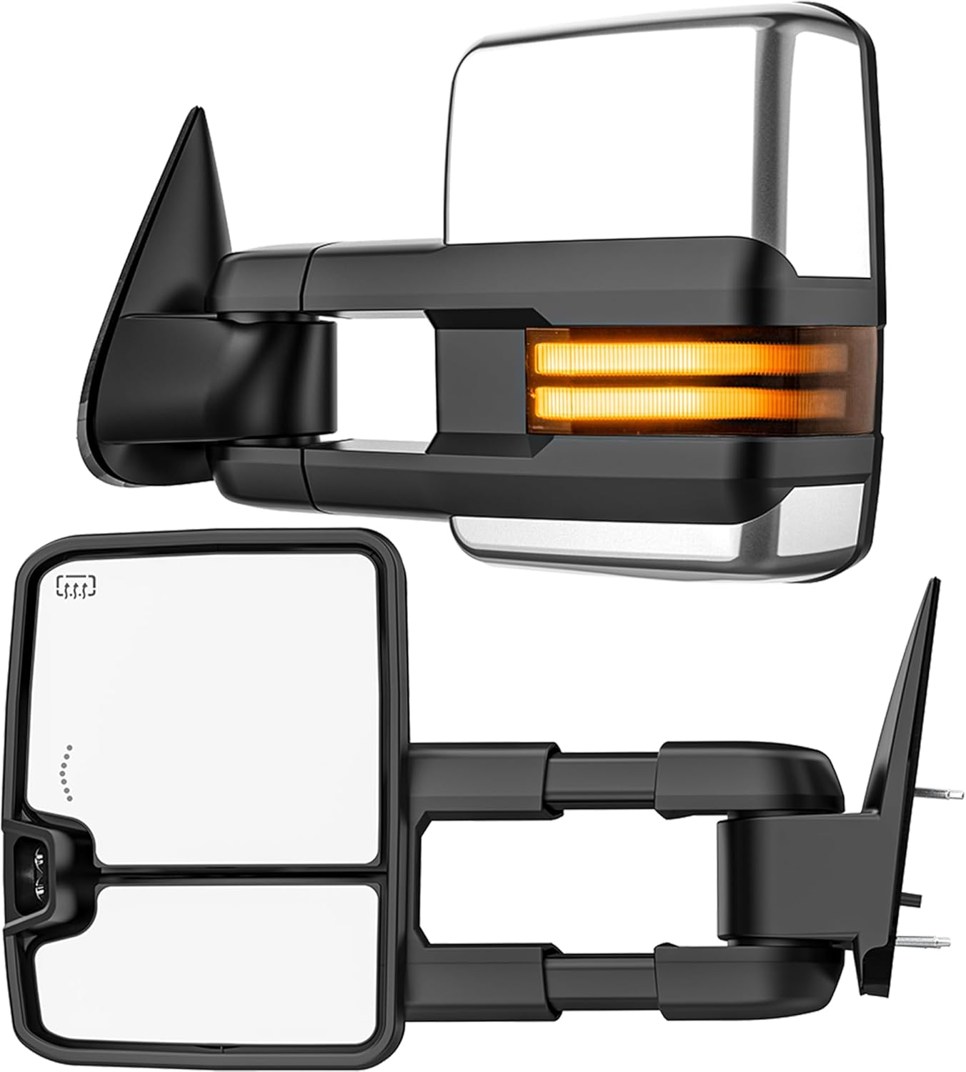 Smoked Lens Sequential Signal Tow Mirrors Compatible with 2007-2021 Toyota Tundra & 2008-2017 Toyota Sequoia, Heated Extended Trailer Towing Side Mirror w/Backup Light(w/o BSM), Chrome Housing
