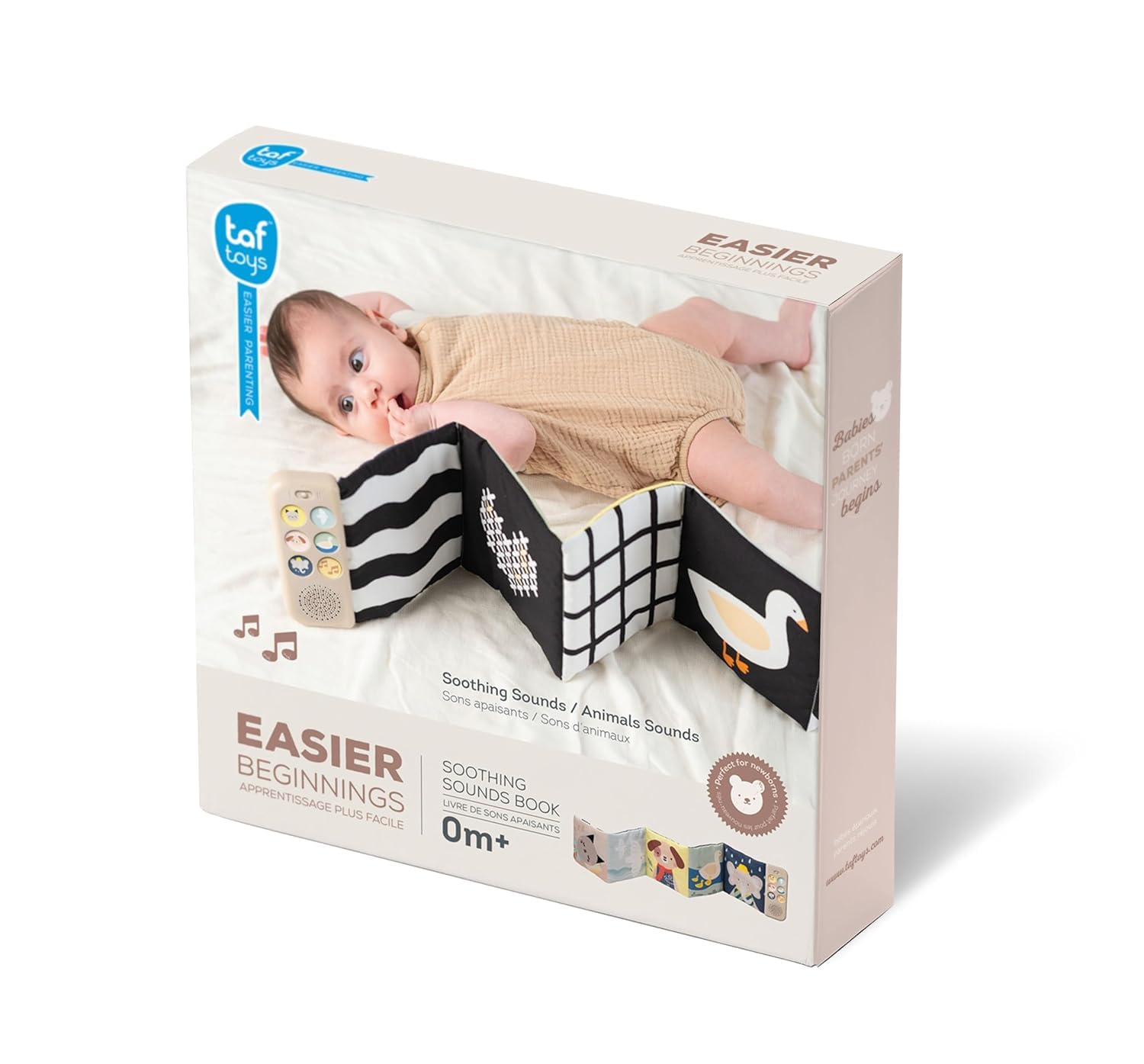 Taf Toys Livre des Sons Apaisants Bébé – Livre Musical en Tissu Double Face – 12 Sons & Mélodies – Noir & Blanc + Couleurs – À Fixer au Lit ou Poussette – Dès la Naissance 13835