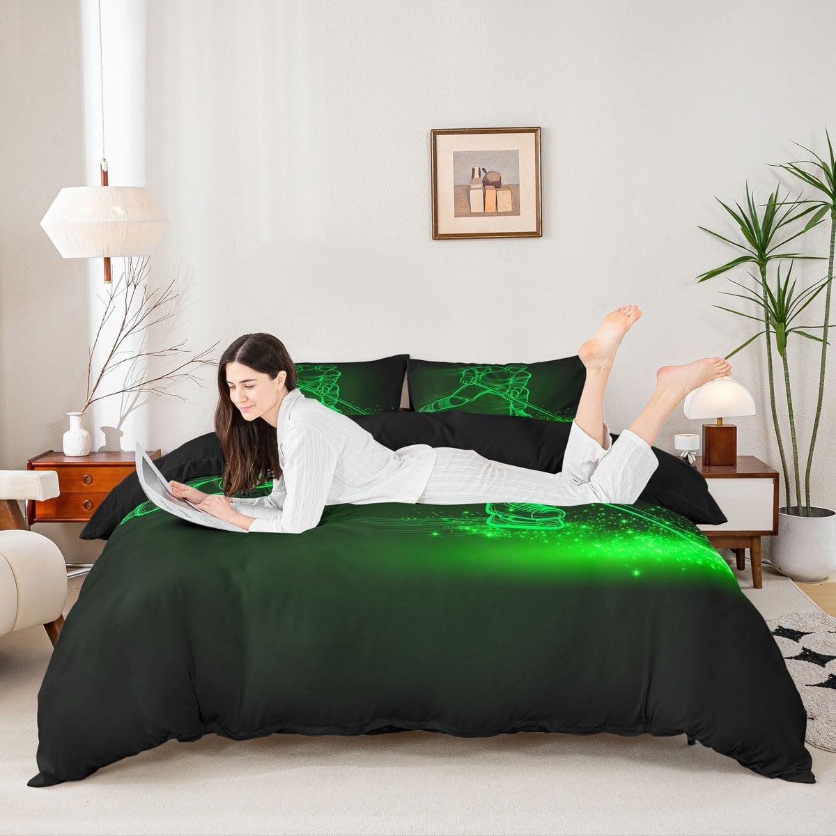 Erosebridal Hockey Puck Comforter Cover Twin Size Ice Hockey Sticks Duvet Cover Hockey Player Bedding Set with 2 Pillowcases Winter Sport Game Quilt Cover for Kids Boys Room Decor, Black Green