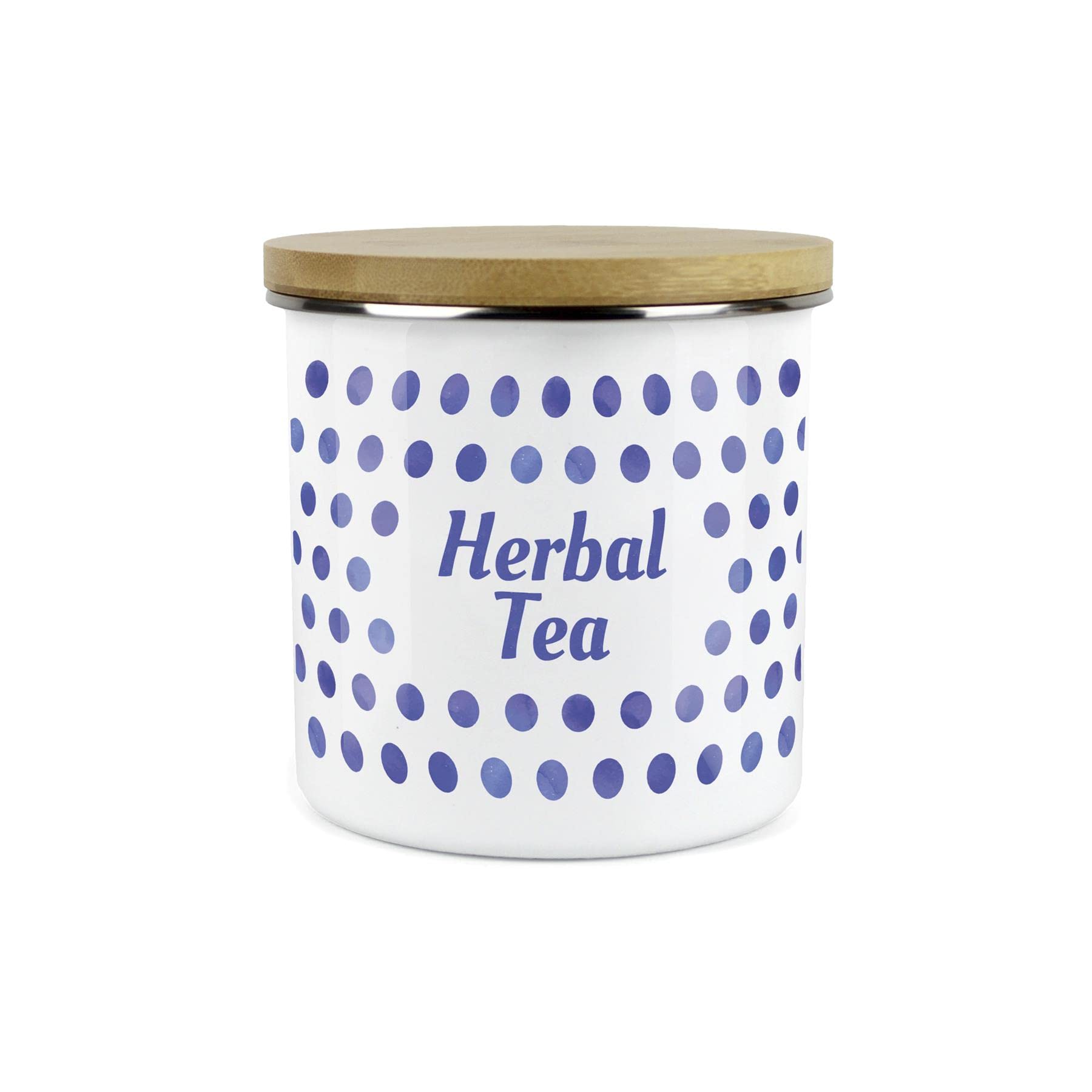 Purely Home Herbal Tea Indigo Polka Dots Spots Canister - White Metal Enamel Kitchen Food Storage Container 1.2L