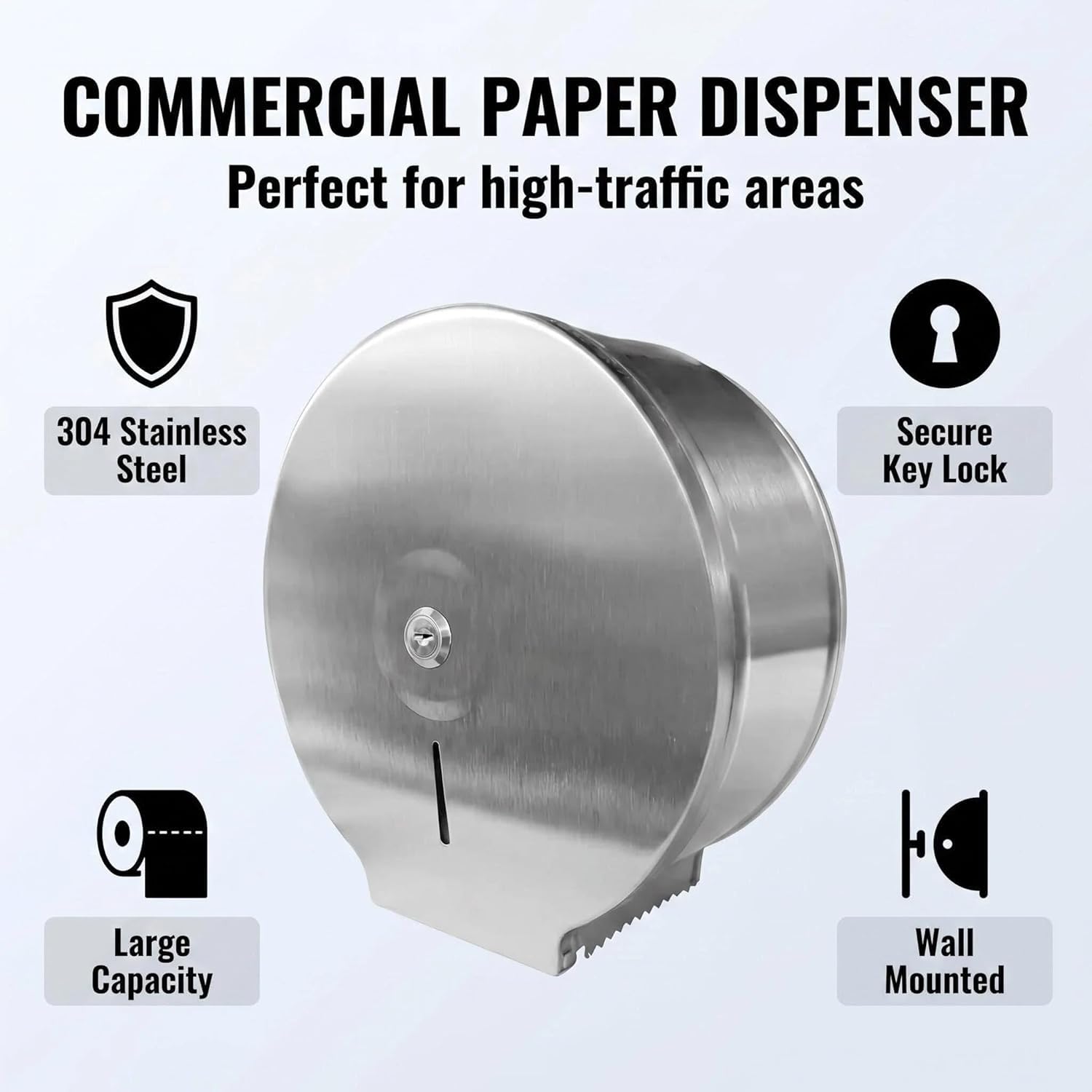 Dispenser di carta igienica, confezione da 2 pezzi da parete in acciaio inox con chiave serratura per rotoli di carta igienica Jumbo, 27 x 26 x 11,8 cm, distributore commerciale di grandi