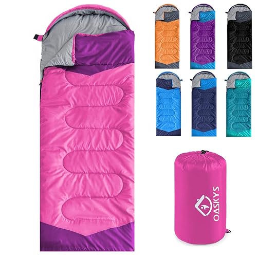 oaskys Camping Sleeping Bag - 3 Season Warm & Cool Weather - Summer Spring Fall Lightweight Waterproof for Adults Kids - Camping Gear Equipment, Traveling, and Outdoors - 50-80°F Everyday 3 Season - Pink
