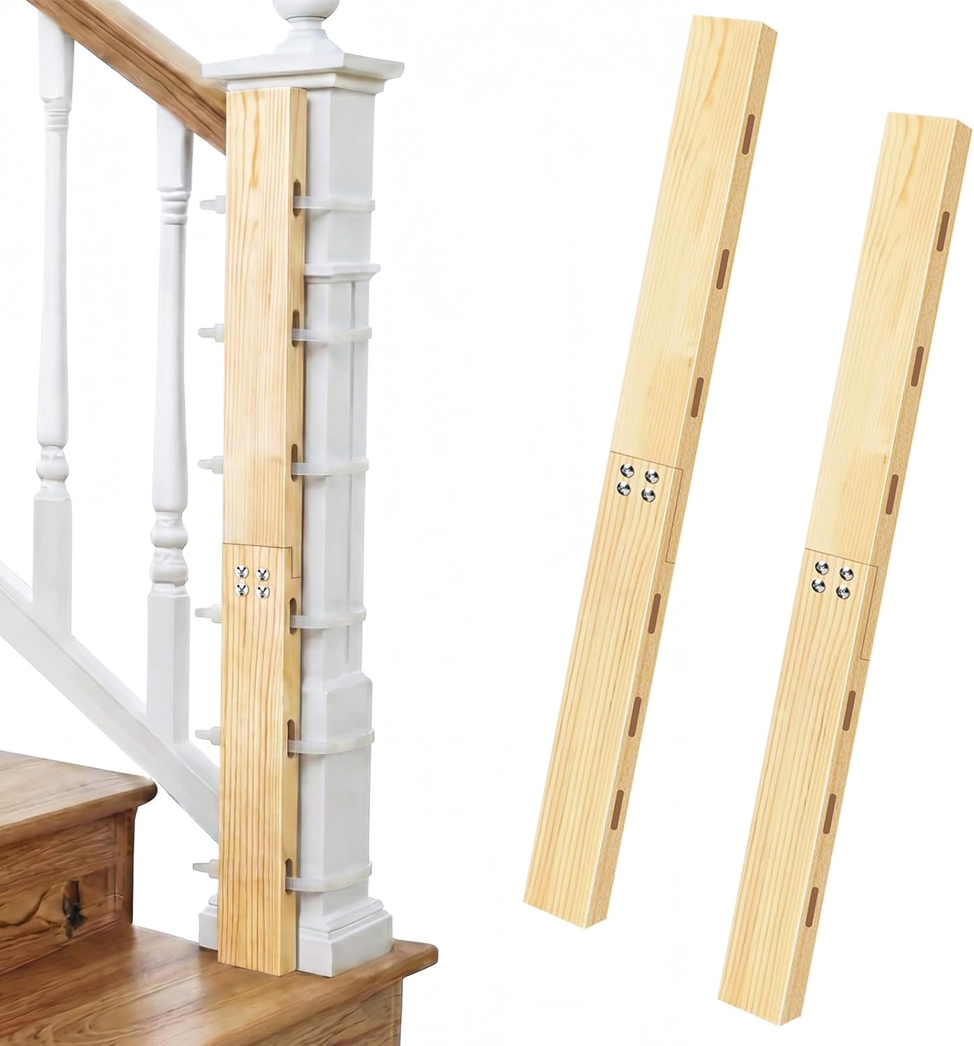 2pcs No Hole Stairway Baby Gate Mounting Kit, Safe Pine Wood Extra Tall Baby Gate Banister Adapter, Fits Posts from 2 3/4 inches to 3 1/2 inches Wide with Square or Round Tops