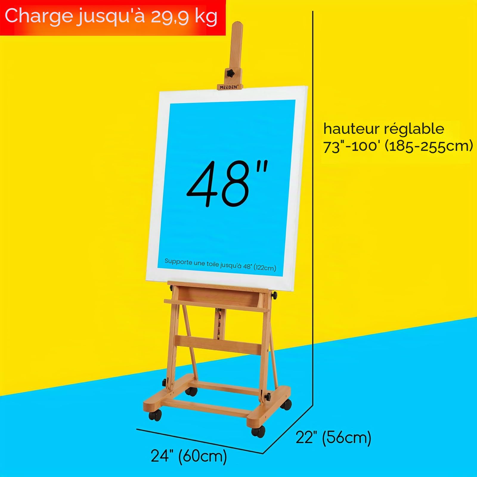 MEEDEN Grand chevalet de studio avec cadre en H - Chevalet d'artiste en bois de hêtre réglable et inclinable - Peut contenir des toiles jusqu'à 122 cm