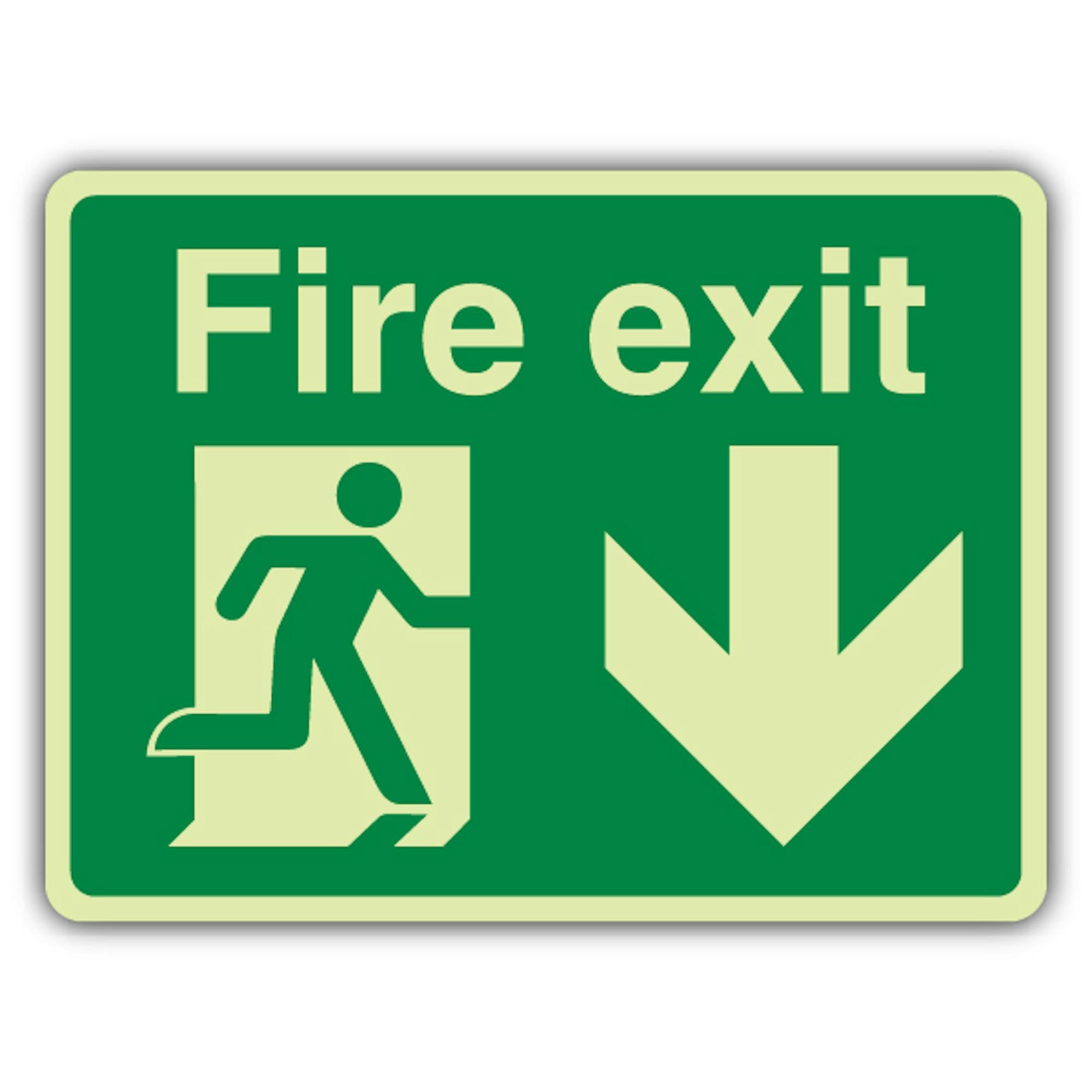 V Safety - Señal de seguridad que brilla en la oscuridad con texto en inglés "Man Running Down", 400 x 300 mm, de plástico rígido de doble brillo, señalización de seguridad contra incendios, fabricado