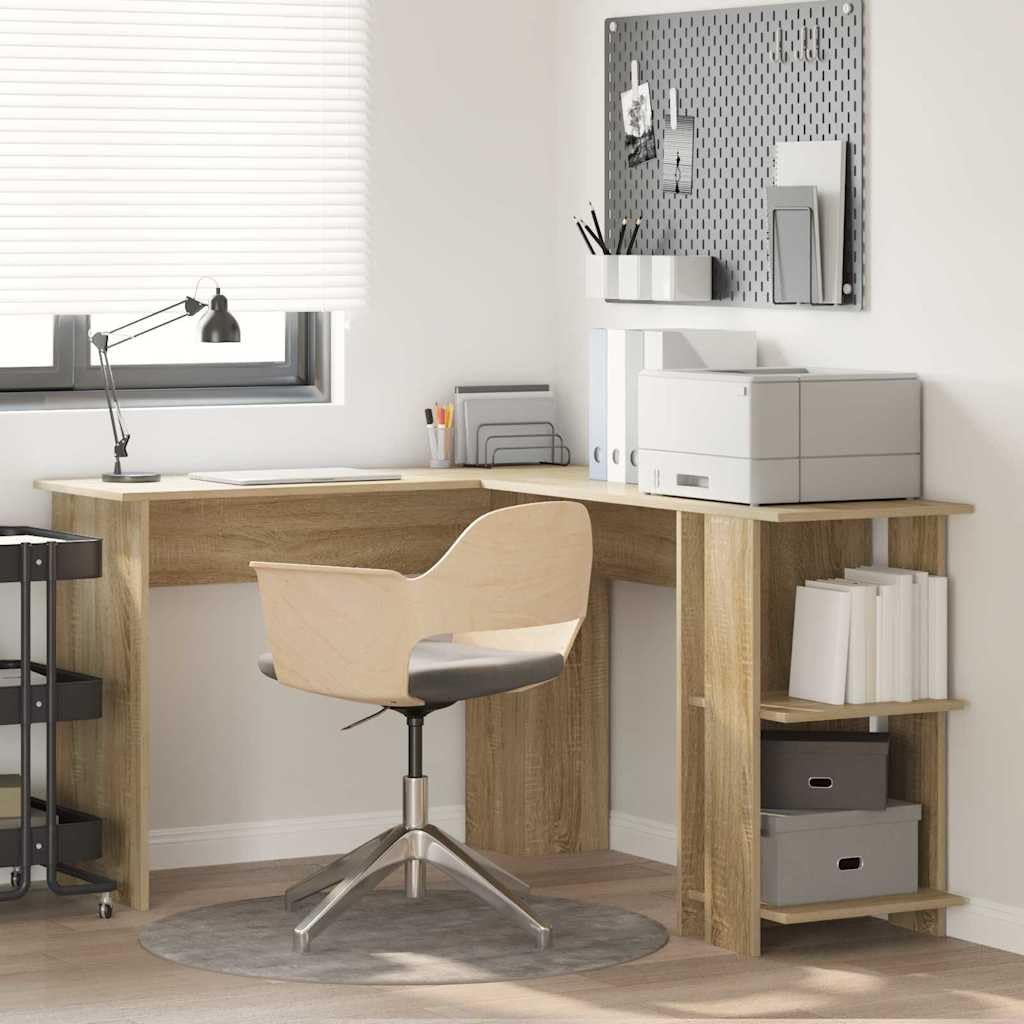 Scrivania angolare in rovere Sonoma, 140 x 113,5 x 75 cm, con 2 ripiani, tavolo da ufficio salvaspazio, tavolo da gaming, scrivania per computer per casa e studio
