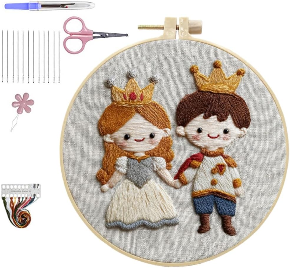 HCANPER Prince and Princess Embroidery Starter Kit, Valentine's Day Gifts.DIY Needle Punch Kit, Punch Needle Kits for Beginners,Include Pre-Printed Fabric,Tools,Embroidery Hoop,Threads, (Fairyland)