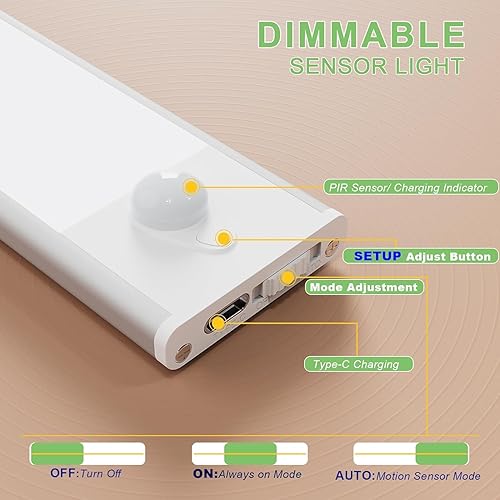 Miniatura 4 de WOLDFY Luces de 3 colores regulables para debajo del gabinete, inalámbricas 2 unidades, 2000 mAh recargable LED sensor de movimiento iluminación