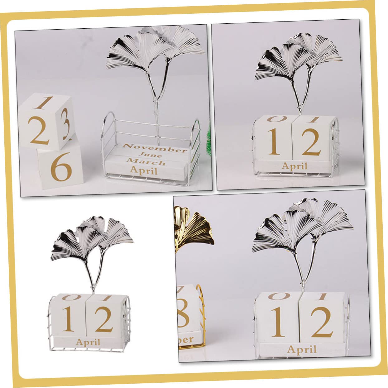 Tofficu 3St Ginkgo-Blatt-Tischkalender Stehender Blockkalender dekoration Schreibtischkalender bürodeko Wohnkultur Office-Desktop- aus Holzblöcken Eisen