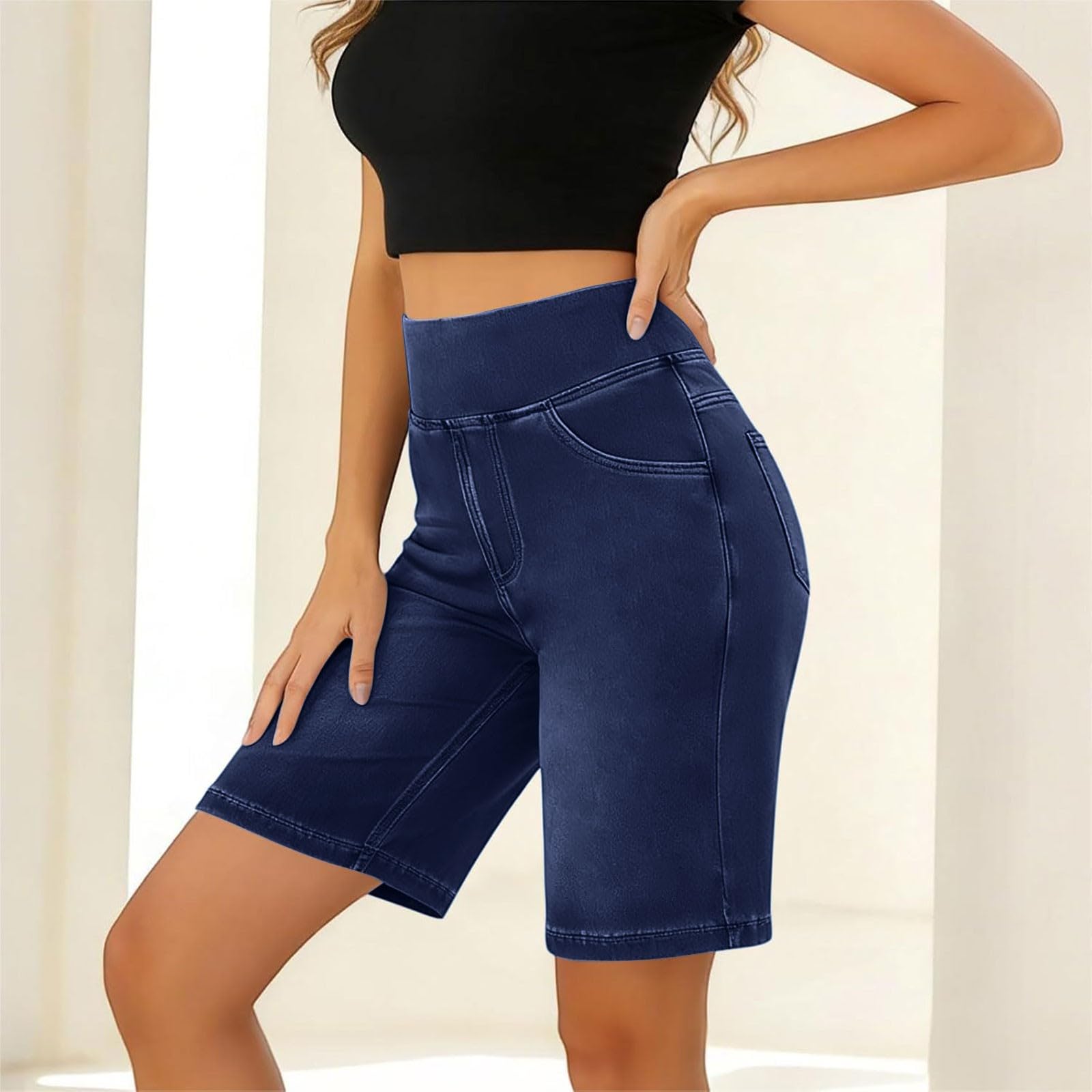 Jeans da donna in denim, pantaloni corti in cotone elasticizzato, a tinta unita, estivi, comodi, per il tempo libero, a gamba dritta, con tasche, pantaloni sportivi