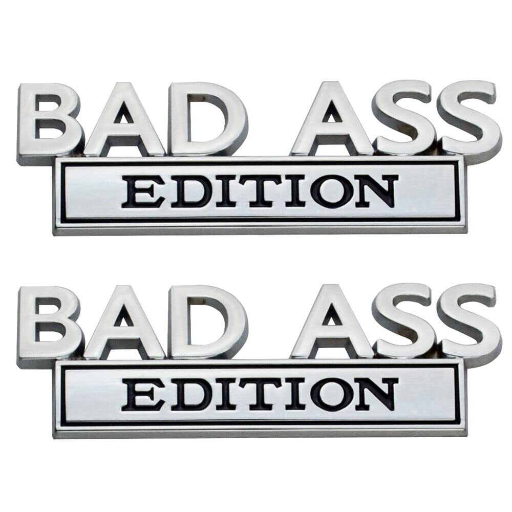 2 Pack Bad Ass Edition Emblem 3D Metal Badass Badge Sticker Decal with 3M Tape Replacement for Cars, Trucks, Motorcycles, Boats &amp; Laptops (Silver Black)