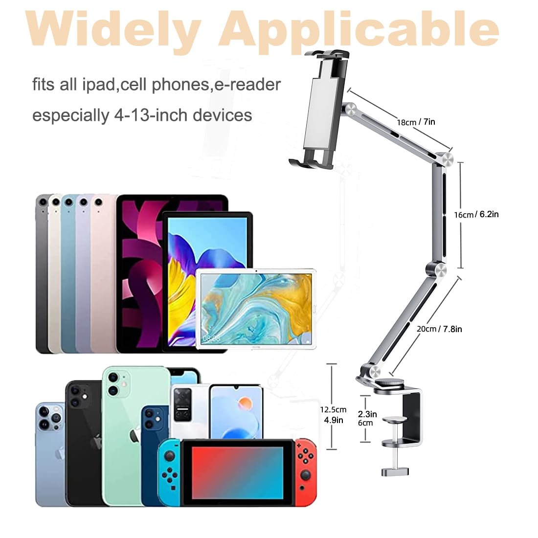 Soporte para tableta para iPad, soporte plegable para tableta de brazo largo de aleación de aluminio, con base giratoria de 360°, compatible con pantalla de 4,7-16 pulgadas, iPad, Kindle (gris)