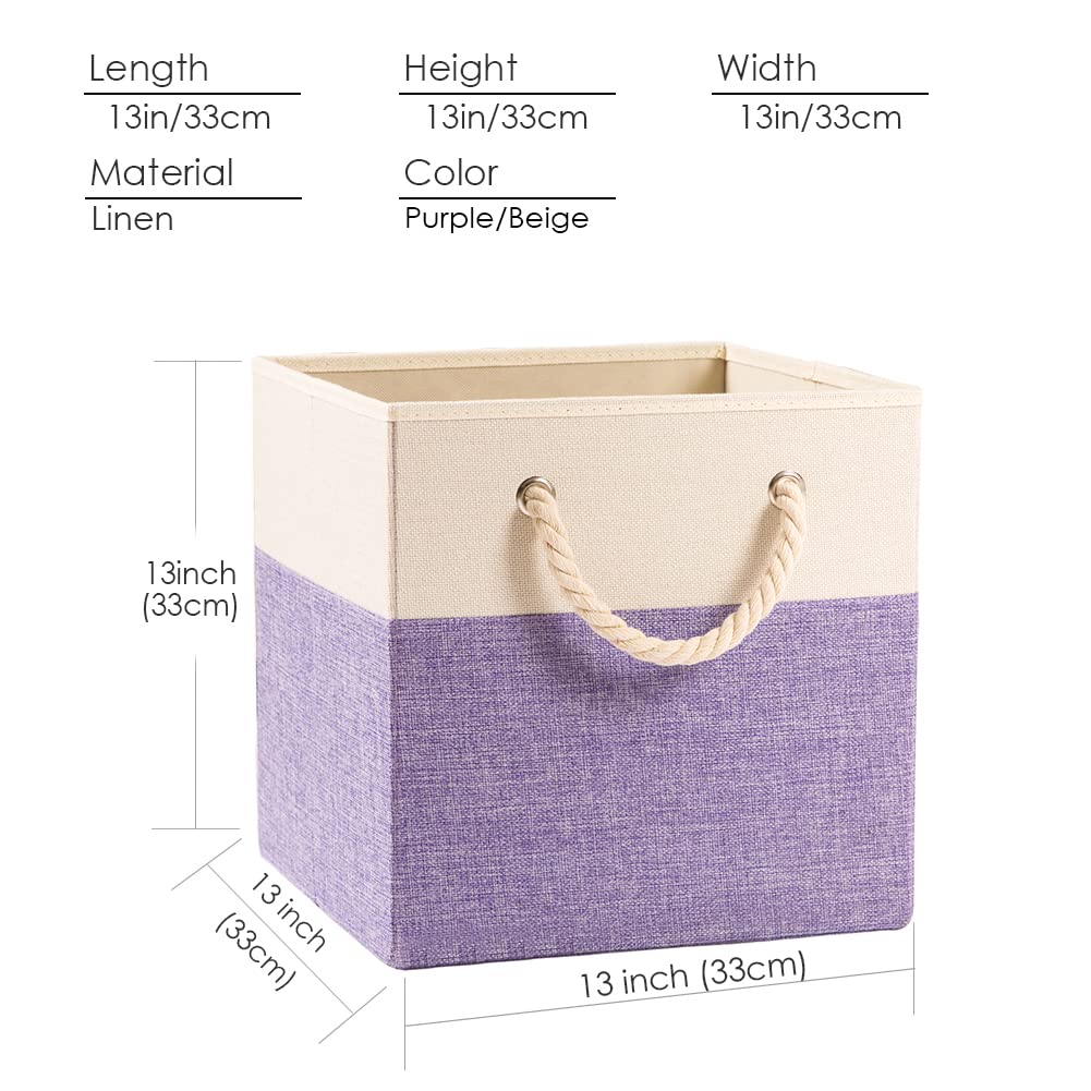 Prandom Grandi contenitori pieghevoli a cubo 33x33x33 cm [confezione da 2] Cestini portaoggetti in tessuto di lino Cassetto a cubi con manici in cotone Organizzatore Viola