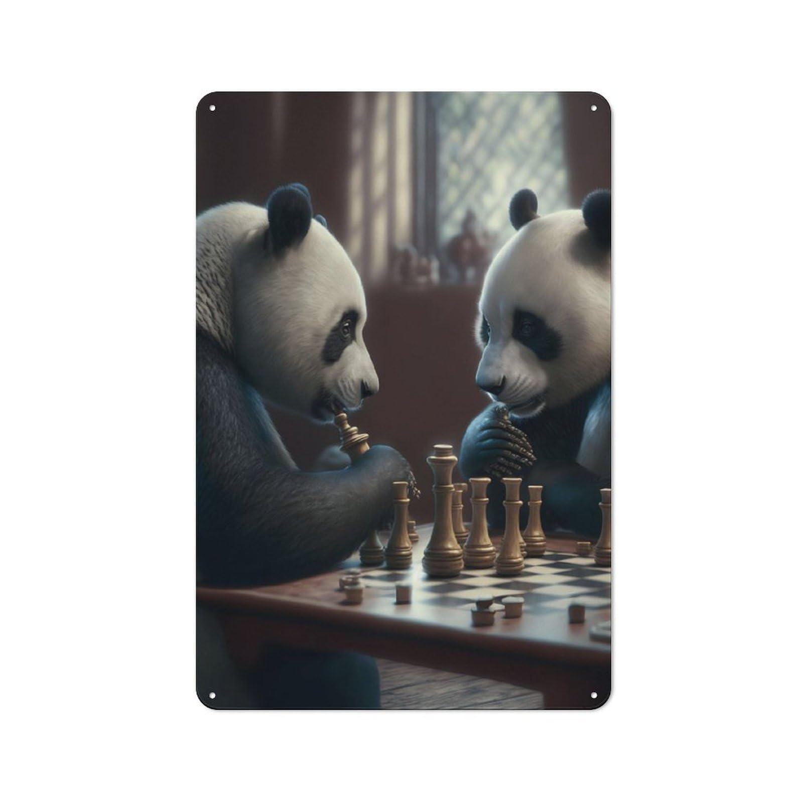 Junmoney Panda Bears Playing Chess Tin Wall Plaque 30X20cm With For Living Room Or Hallway, For Garage, Workshop And Man Cave Decoration
