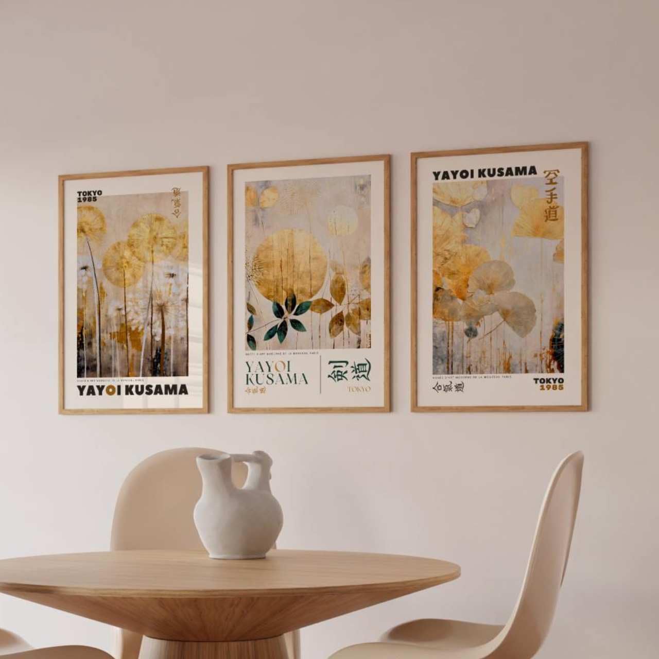ARTINSPIRIO Yayoi Kusama Kunstdruck Set, 3 Goldene Poster, Ungerahmt (50x70 cm, Premium Posters 230gsm)