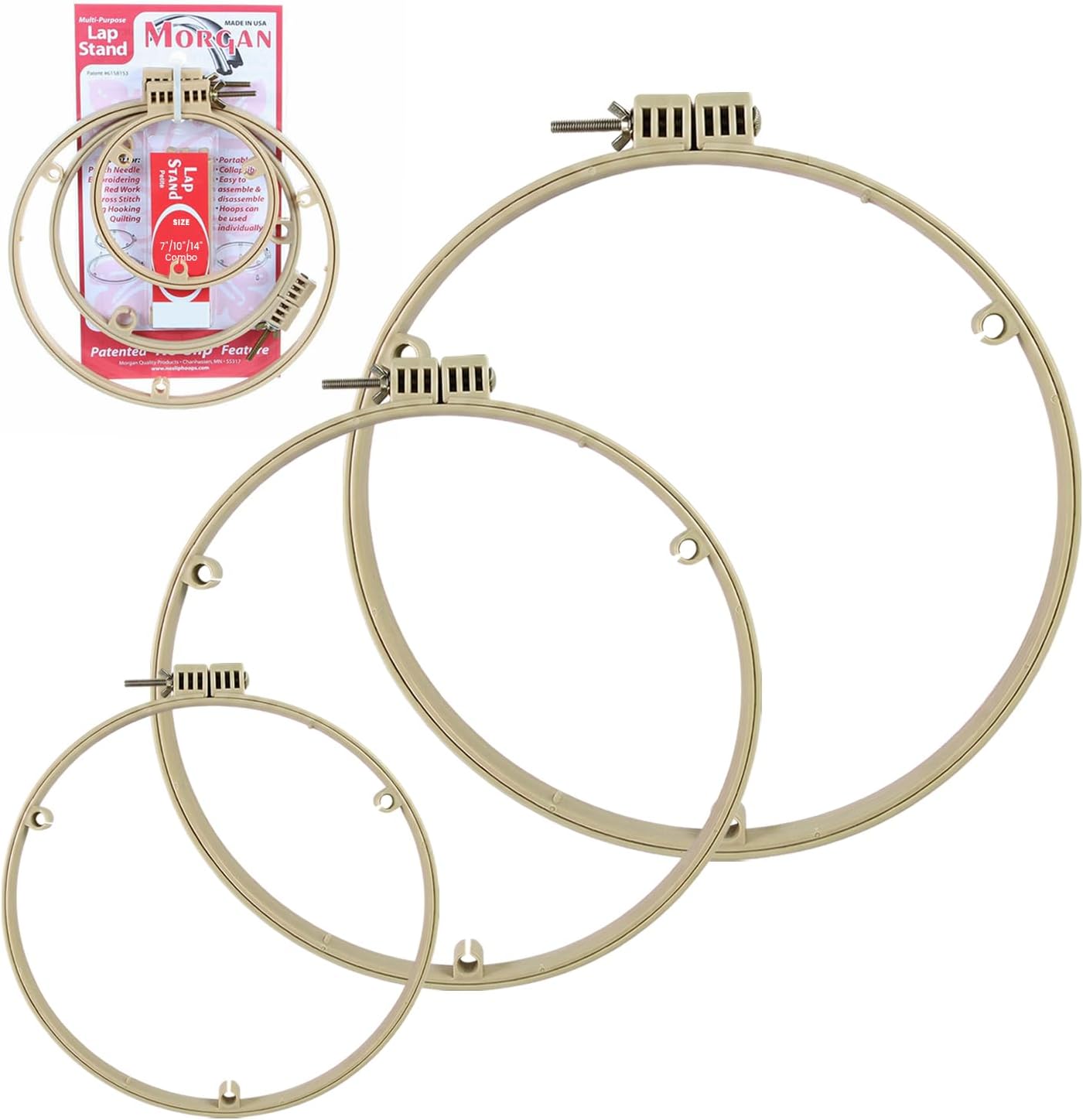 Morgan Embroidery Hoop Lap Stand | 7"/10"/14" No-Slip Portable Embroidery Hoop Holder | Lightweight Circle Design for Sewing Crafters Punch Needle Cross Stitch, Needlepoint, Arts & Craft | Made in USA