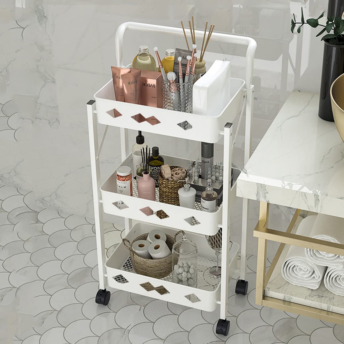 Genérico Carrito de Almacenamiento Plegable de 3 Niveles: Carrito rodante para Espacios reducidos, estantería móvil para Cocina, solución versátil de Almacenamiento en Blanco.