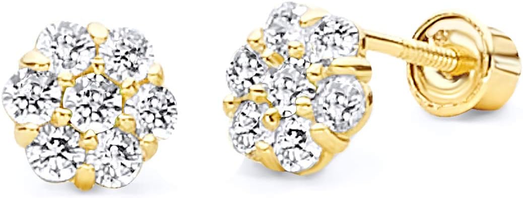 14k Yellow Gold Flower Stud Earrings with Screw Back - 12 Different Color Available