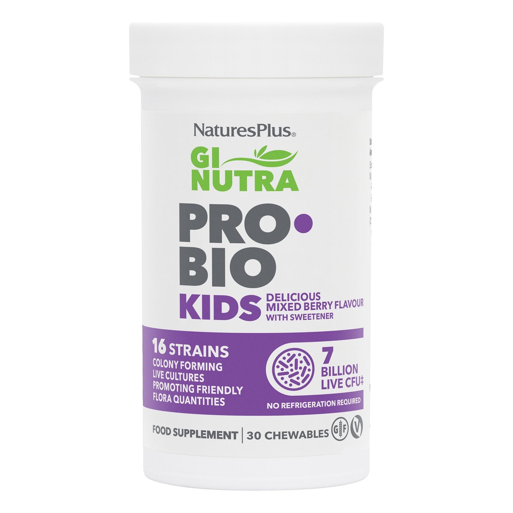 NaturesPlus GI Nutra Pro Bio Kids Chewable Tablets – 7 Billion Live Cultures, 16 Strains, L. Acidophilus & B. Longum, Prebiotic Fibre Complex – Vegan, Gluten-Free, Berry Flavour – 30 Tablets
