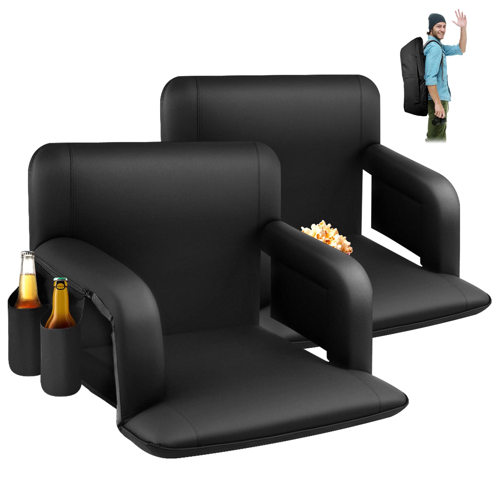 LING RONG 25 Inch Wide Stadium Seats 2 Pack, Bleacher Chairs with Back and Cushion, Reclining Bleacher Seat with Backrest, Stadium Chair Bleacher Cushion (Black)