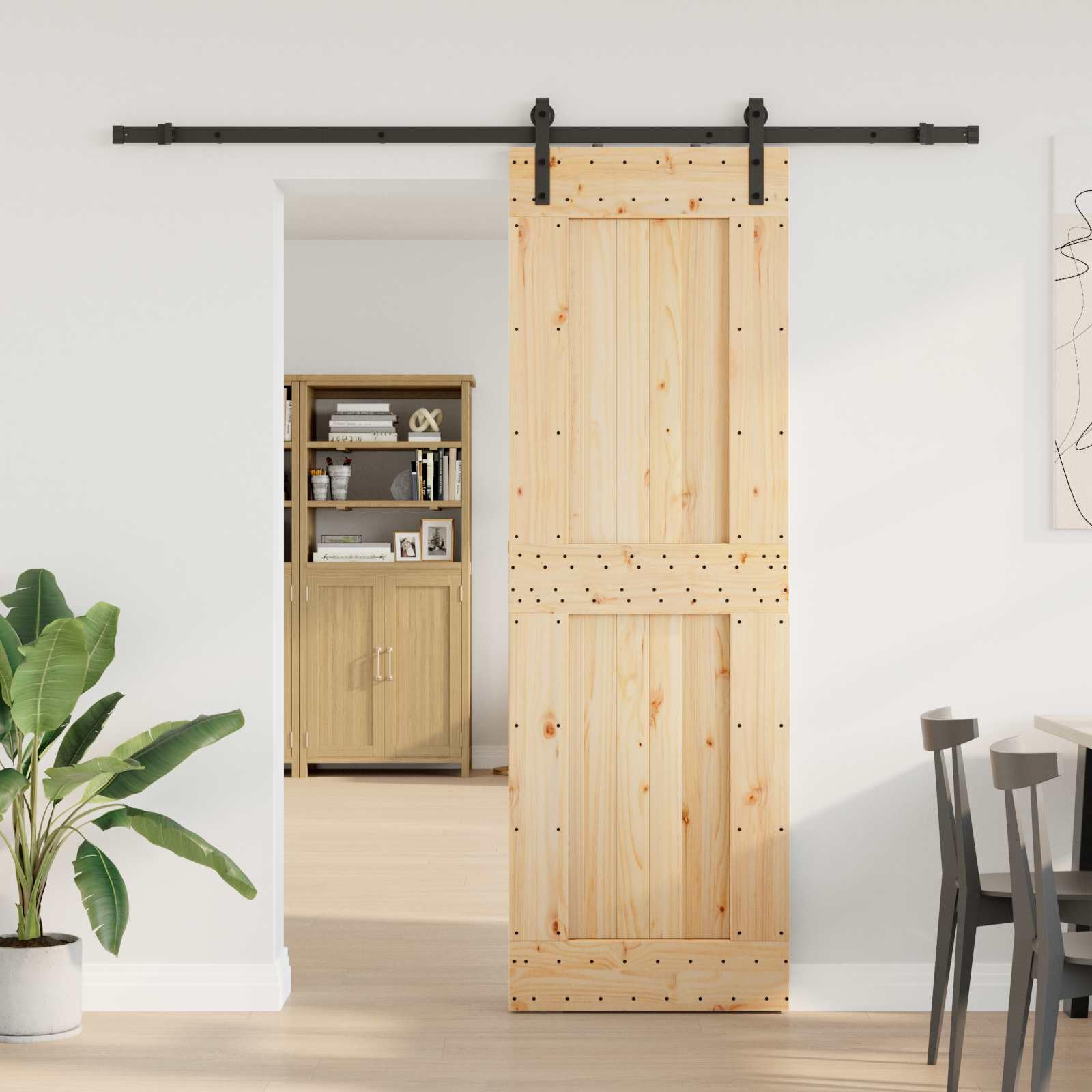 Narvik - Porta scorrevole in legno di pino massiccio con guida nera, 70 x 210 cm, divisorio per interni
