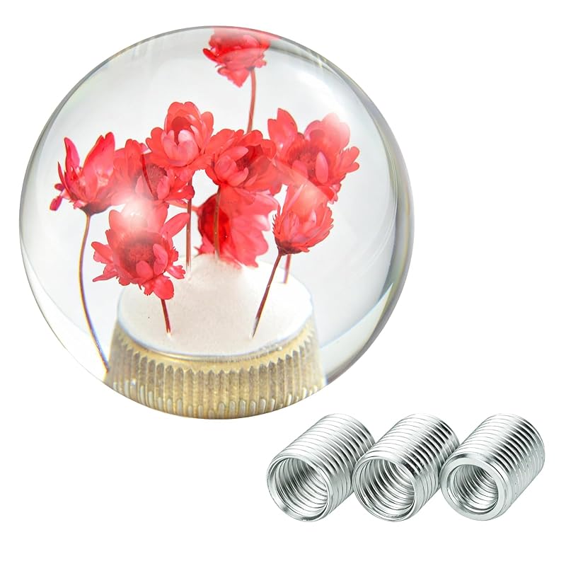 Manopla de Câmbio Redonda Abfer com Flores em Resina Transparente Vermelha e Adaptadores para Câmbio Manual e Automático