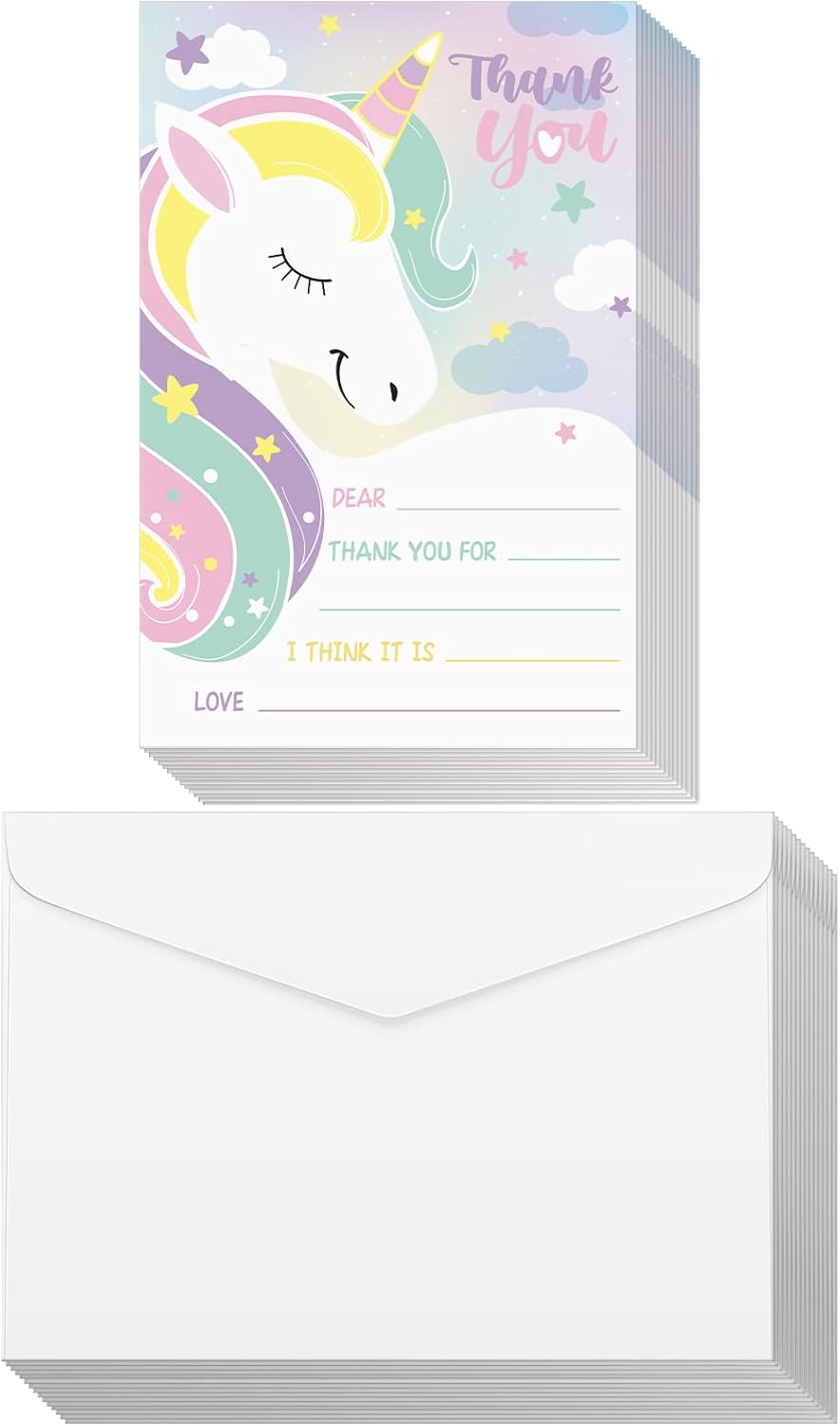 Eaasty 72 Pieces Thank You Cards Fill in The Blank Thank You Note with Envelope Colorful Thanks Appreciation Gift Greeting Card for Birthday Graduation Party, Any Occasion(Unicorn Style)