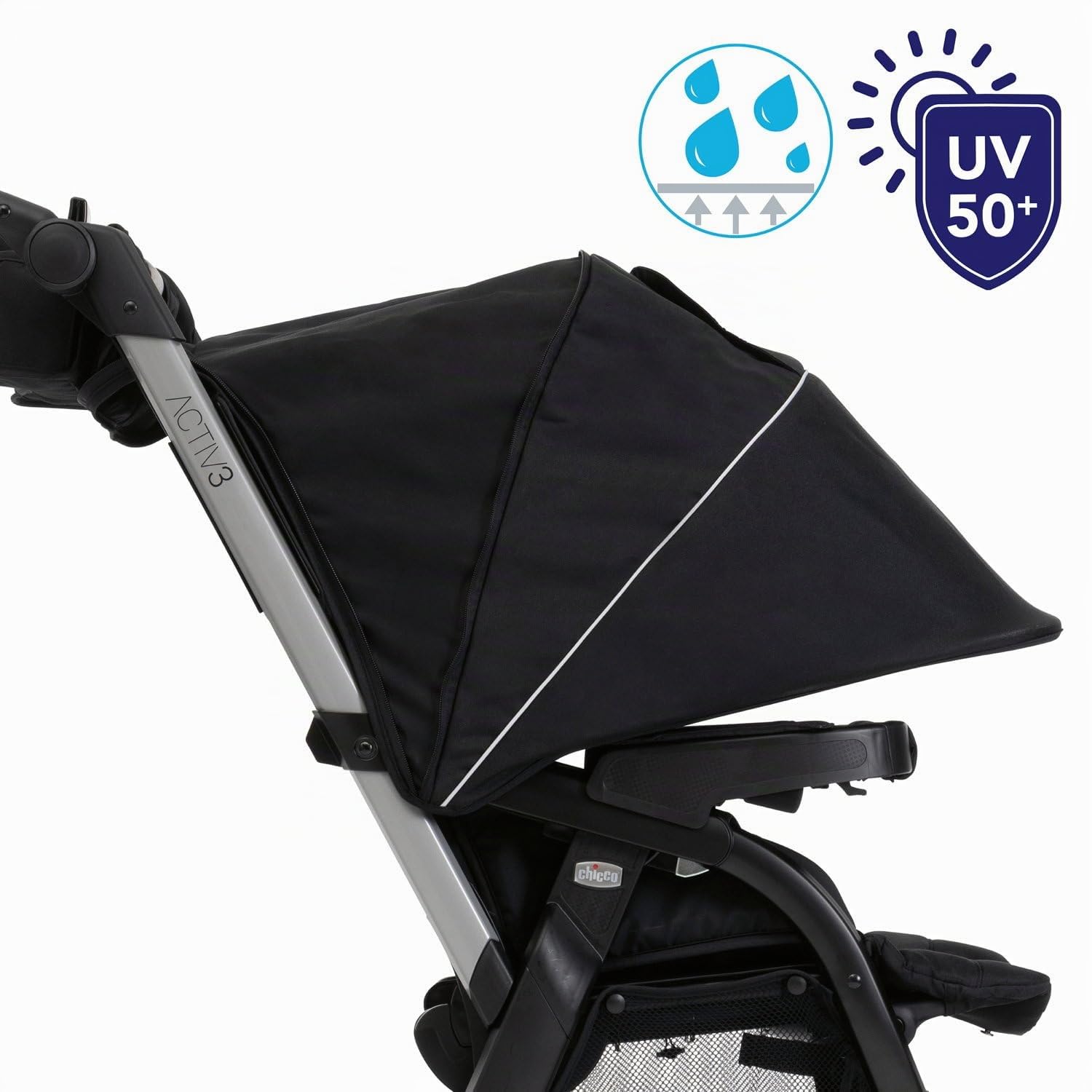 Chicco Poussette Activ3 à 3 roues, fonctionnelle et facile à manœuvrer sur tous les terrains, siège spacieux, dossier inclinable, fermeture pratique et rapide, amortisseurs réglables, 0 mois+, Ébène