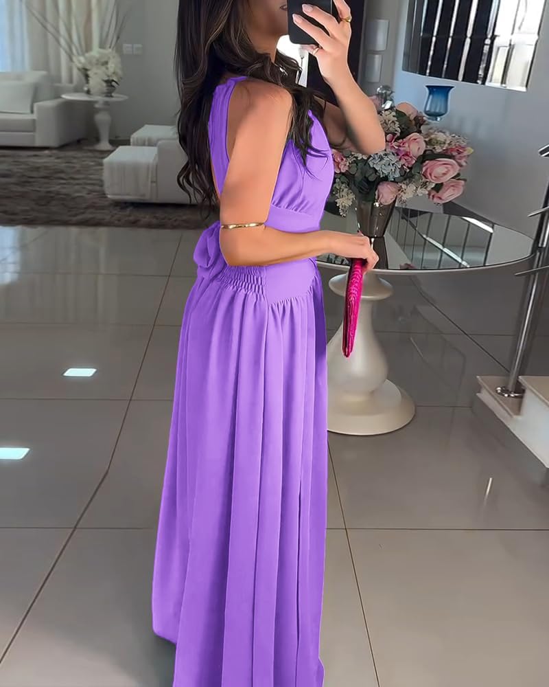 CHICME Women's Sleeveless Halter Neck Dress Criss Cross Tie Back Split High Maxi Dress - Image 6