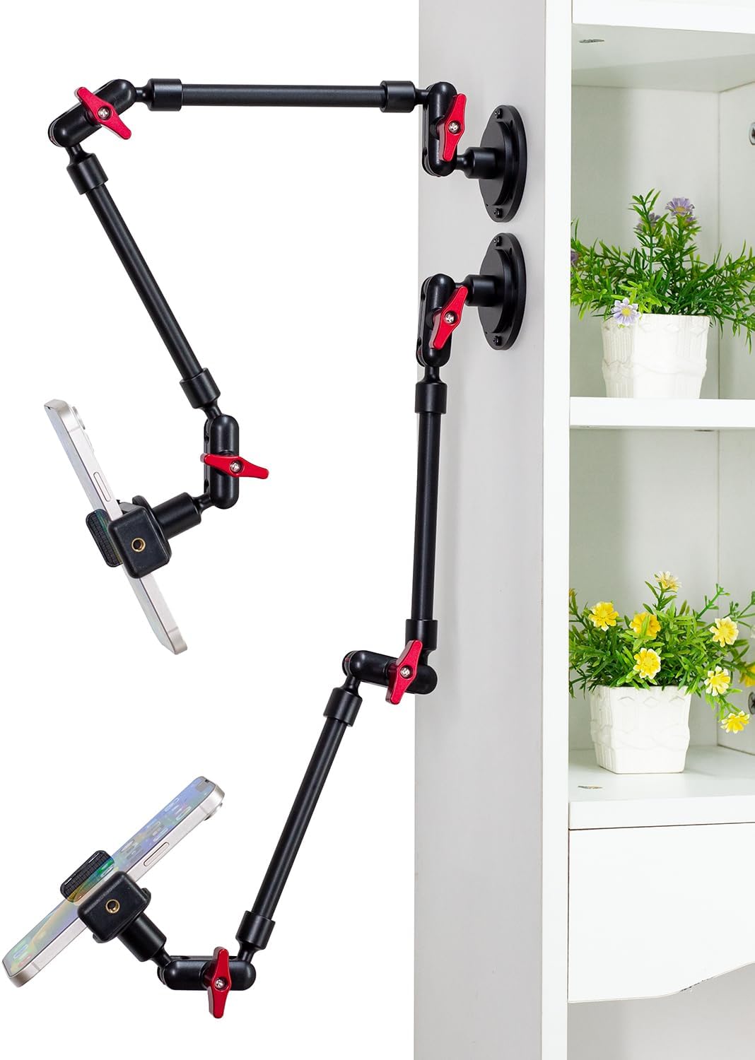 Wall Mounted Phone Holder Magic Arm 360° Rotation Adjustable Metal Base Screw in Wall Sturdy for Kitchen Bedroom Home 32 Inch ABS Phone Clip