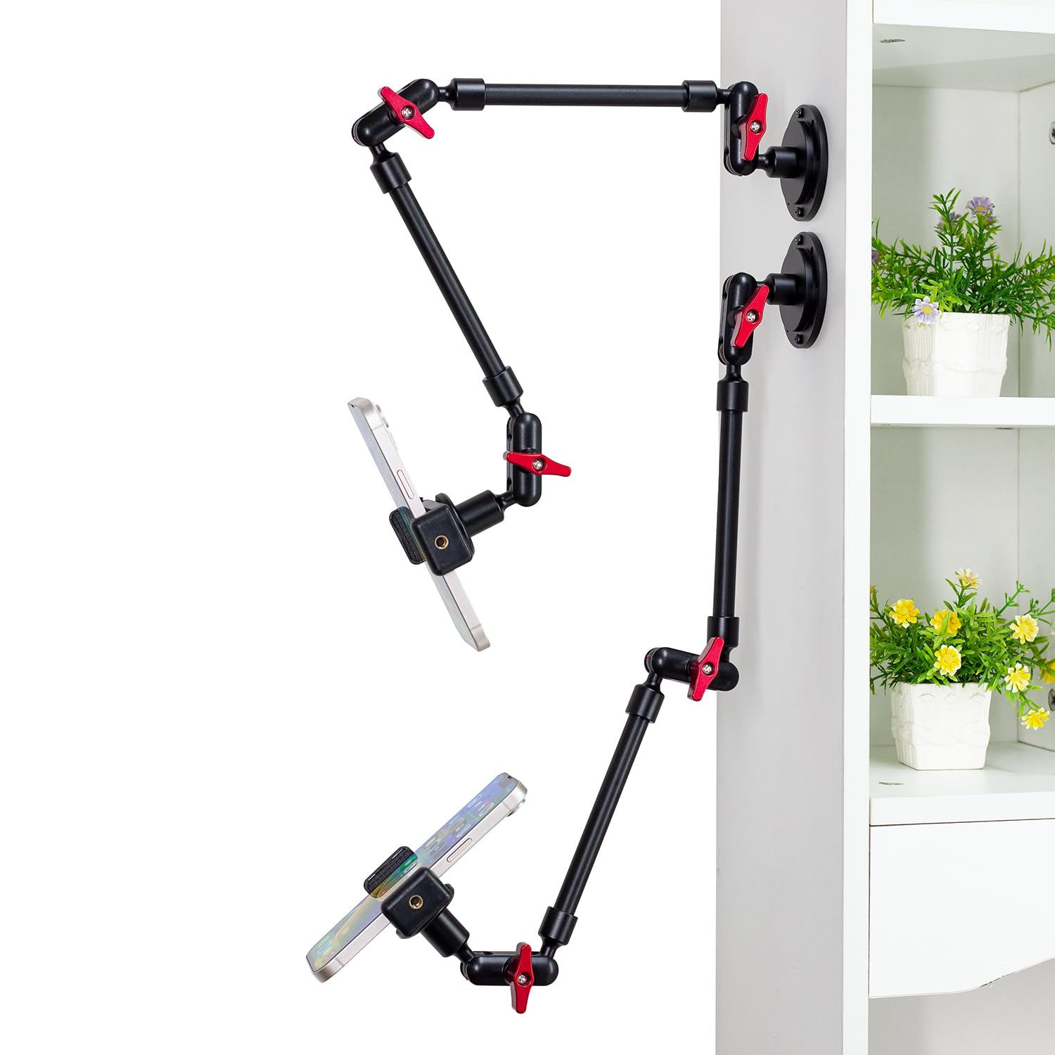 Soporte de teléfono móvil ajustable para escritorio, montaje en pared y soporte de techo para teléfono y otros smartphones (base de metal + 2 brazos mágicos + clip de metal)