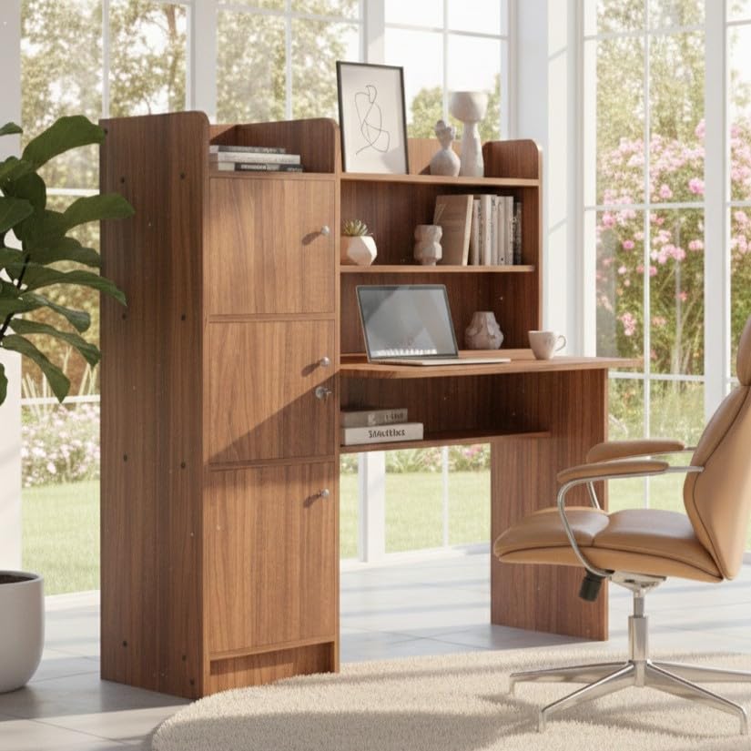 NEUDOT Vision Engineered Wood Study Table with Single Door Storage | Leon Teak Finish | Compact & Modern Work Desk | Durable Study & Laptop Table for Home Office