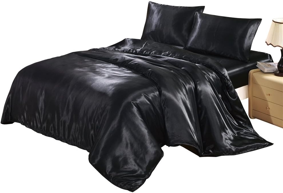Hotel Quality Black Duvet Cover Set Queen/Full Size Silk Like Satin Bedding with Hidden Zipper Ties Soft Comfortable Stain Resistant Solid Quilt/Comforter Cover Set