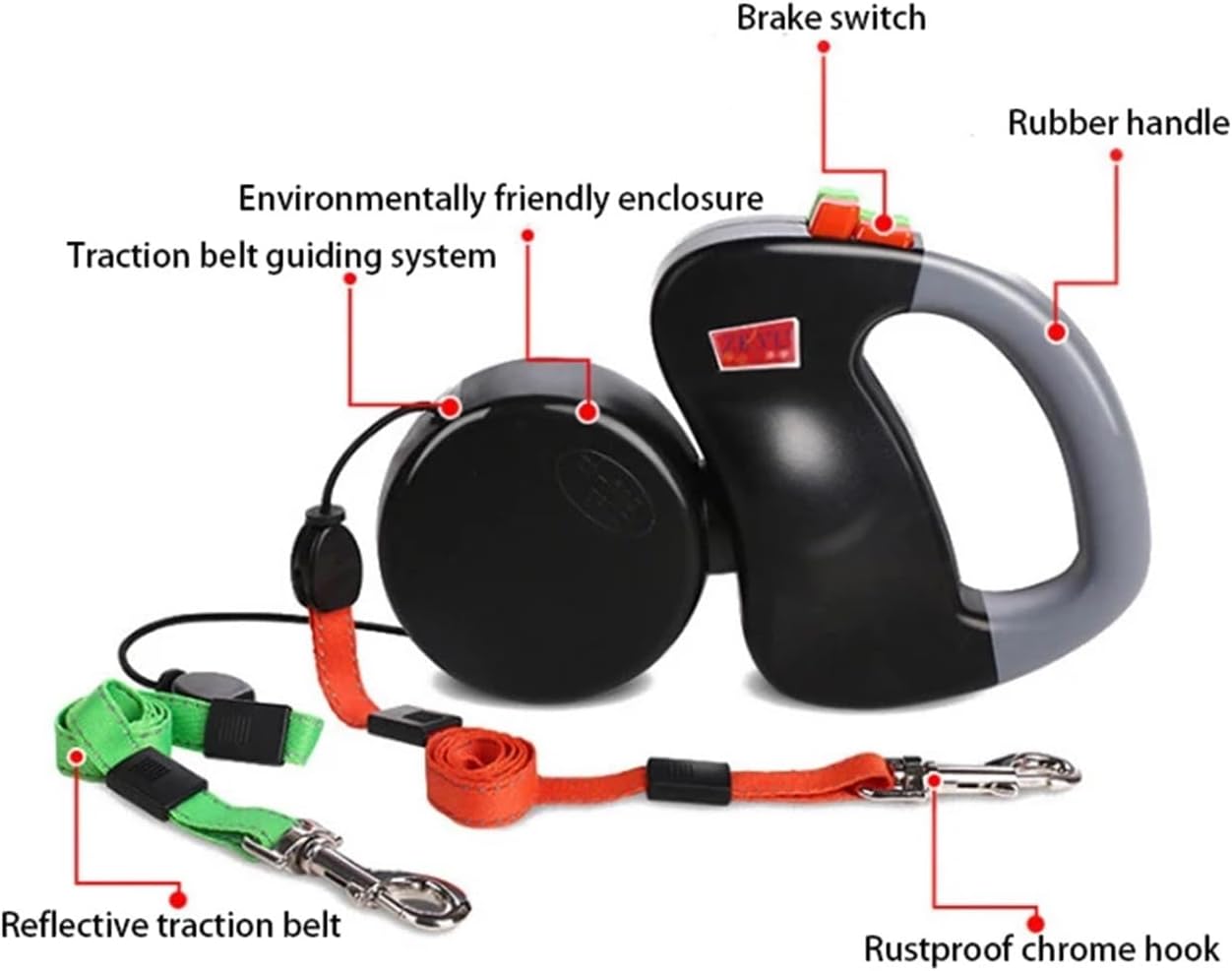 Two Dogs 3M Pet Double-Headed Traction Rope Automatic One ，Compatible for Dog Lead Leash Supplies(Gray)