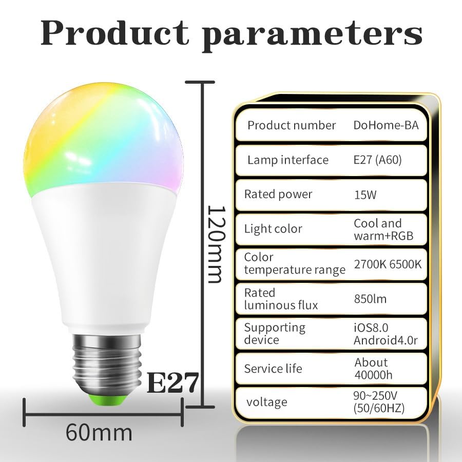 KJXP, Paquete de 5 bombillas LED inteligentes con WiFi, CA 85-265 V, E27, 15 W, RGBCW, control remoto por voz.