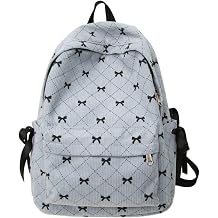 QUROXO Corduroy Backpack with Bow Print, 15.7inch Laptop Quilted Backpack with Multi-Pocket Design Casual Daypack for Women Blue